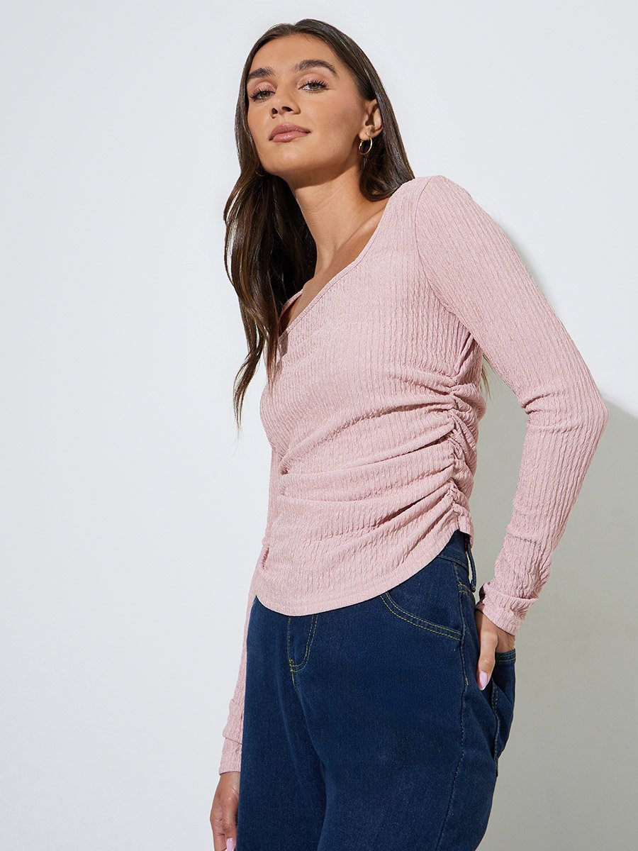 Pink Textured Square Neck Long Sleeves Top