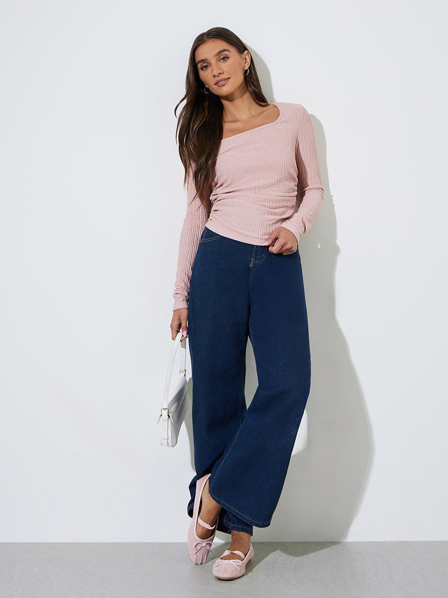 Pink Textured Square Neck Long Sleeves Top