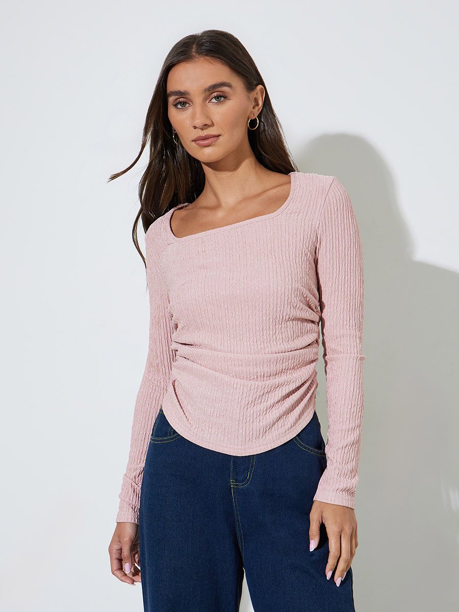 Pink Textured Square Neck Long Sleeves Top