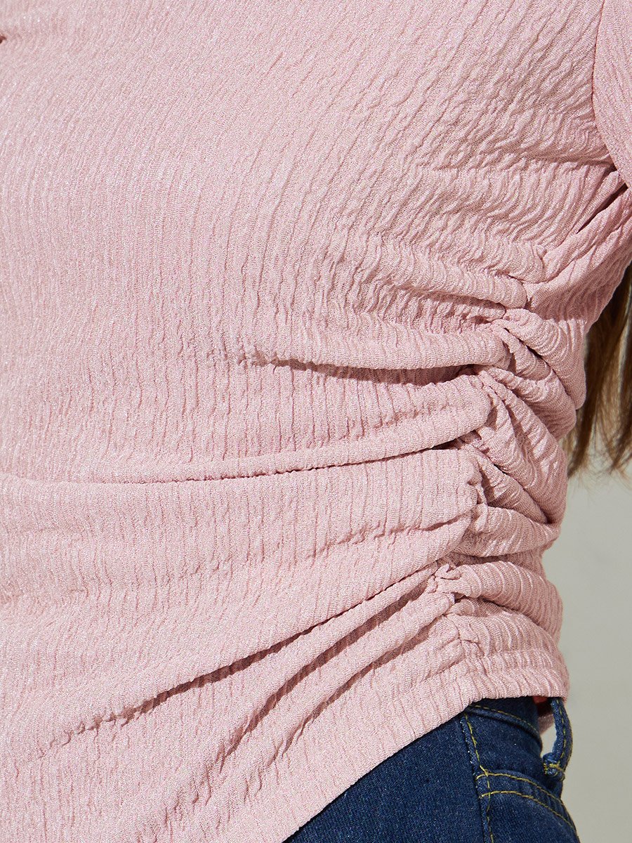 Pink Textured Square Neck Long Sleeves Top