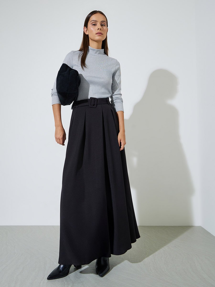 Grey Solid High Neck Ribbed Fitted Top