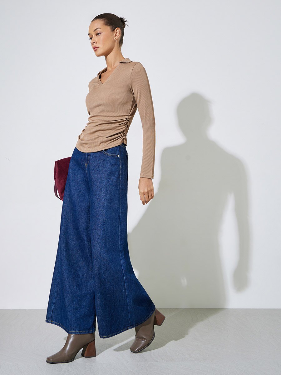 Brown Textured Side Ruched V-Neck Top