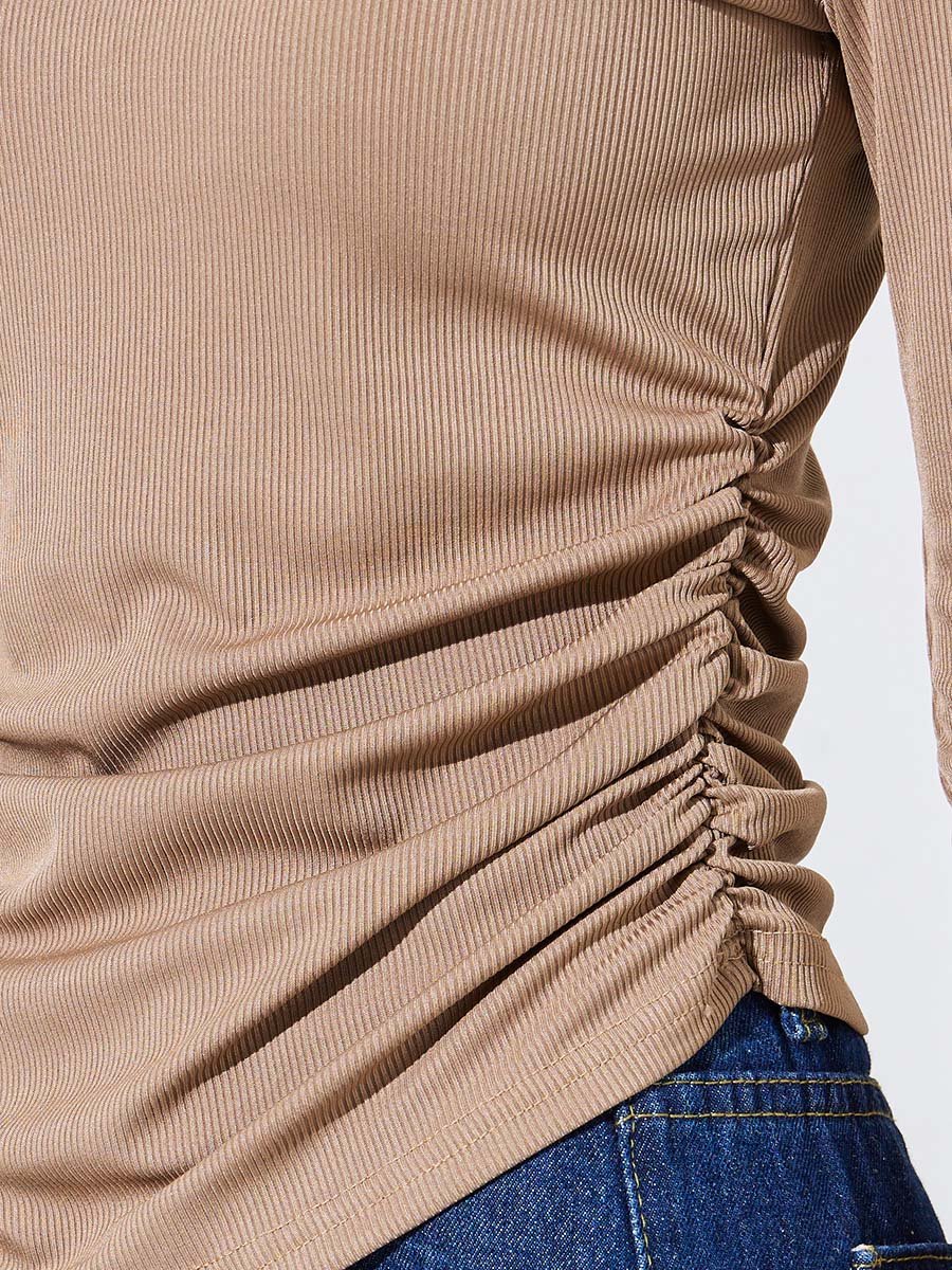 Brown Textured Side Ruched V-Neck Top