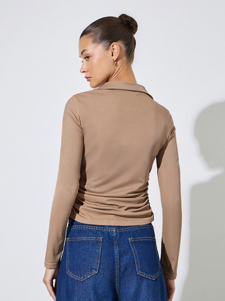 Brown Textured Side Ruched V-Neck Top