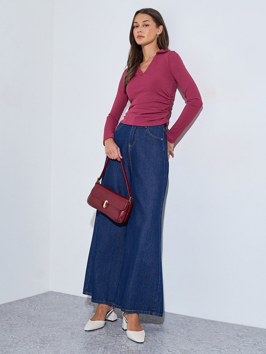 Burgundy Textured Side Ruched V-Neck Top