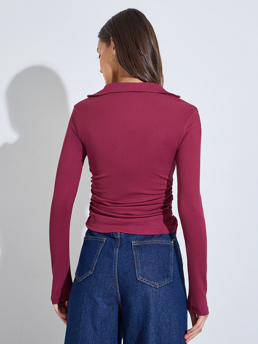 Burgundy Textured Side Ruched V-Neck Top