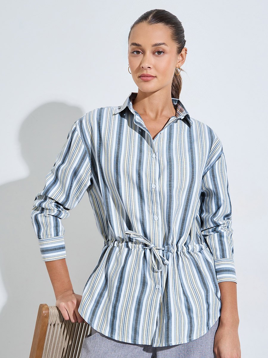Blue Striped Drawstring Waist Oversized Shirt