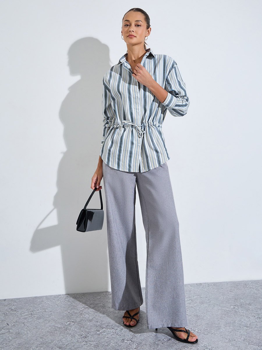 Blue Striped Drawstring Waist Oversized Shirt