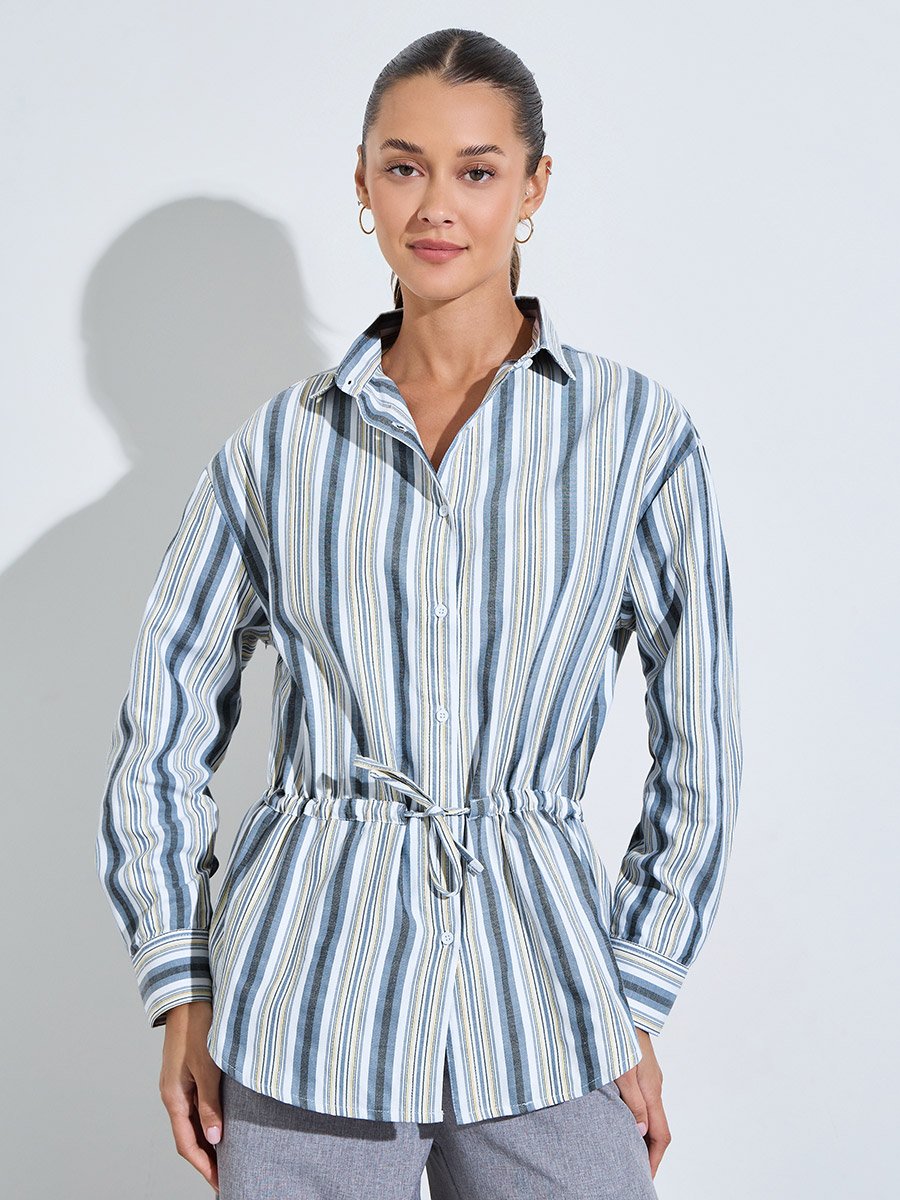 Blue Striped Drawstring Waist Oversized Shirt