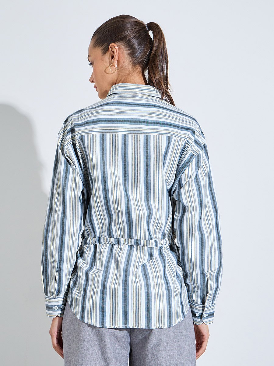 Blue Striped Drawstring Waist Oversized Shirt