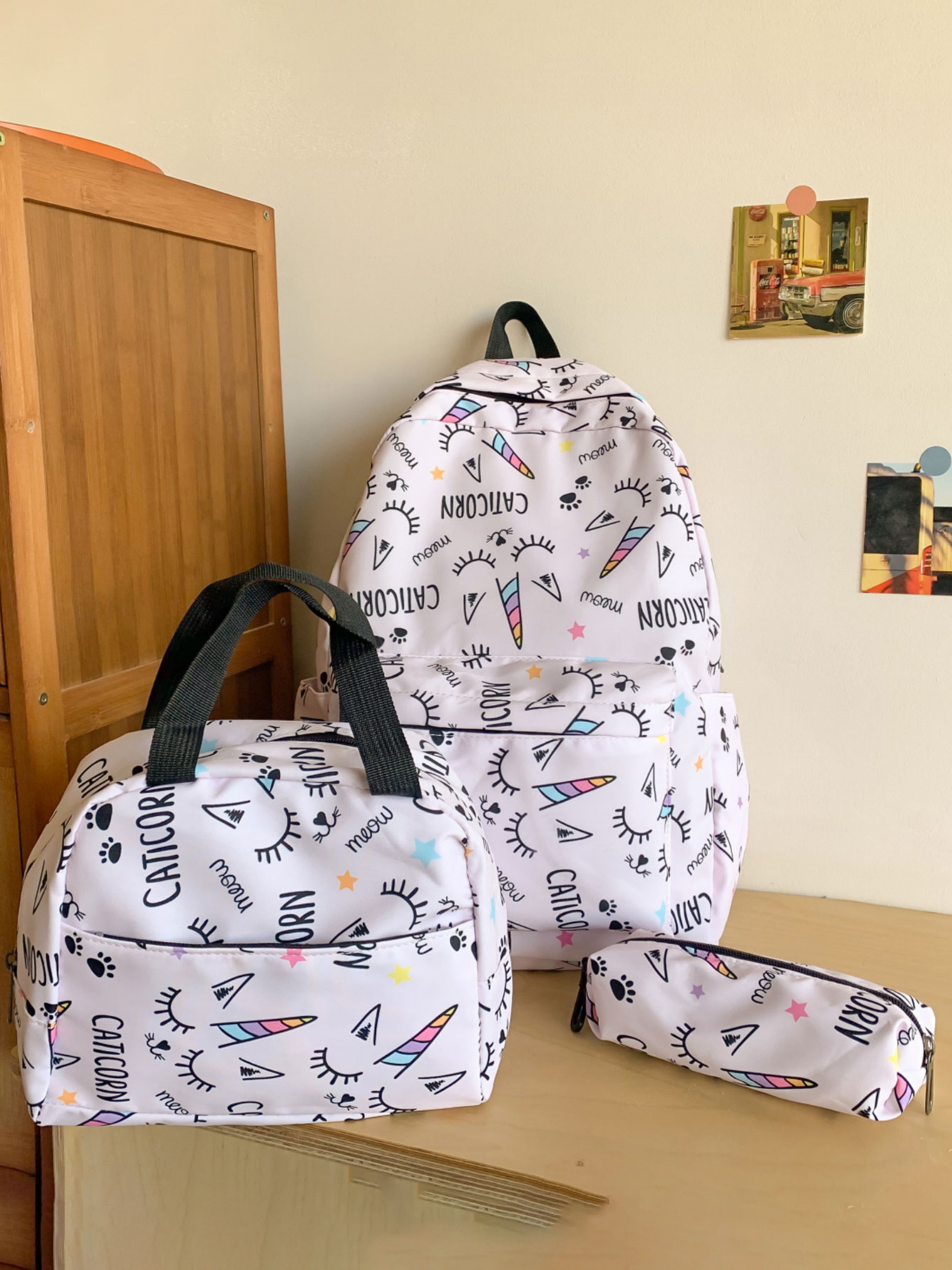 3Pcs Cartoon Print Nylon Backpack Set