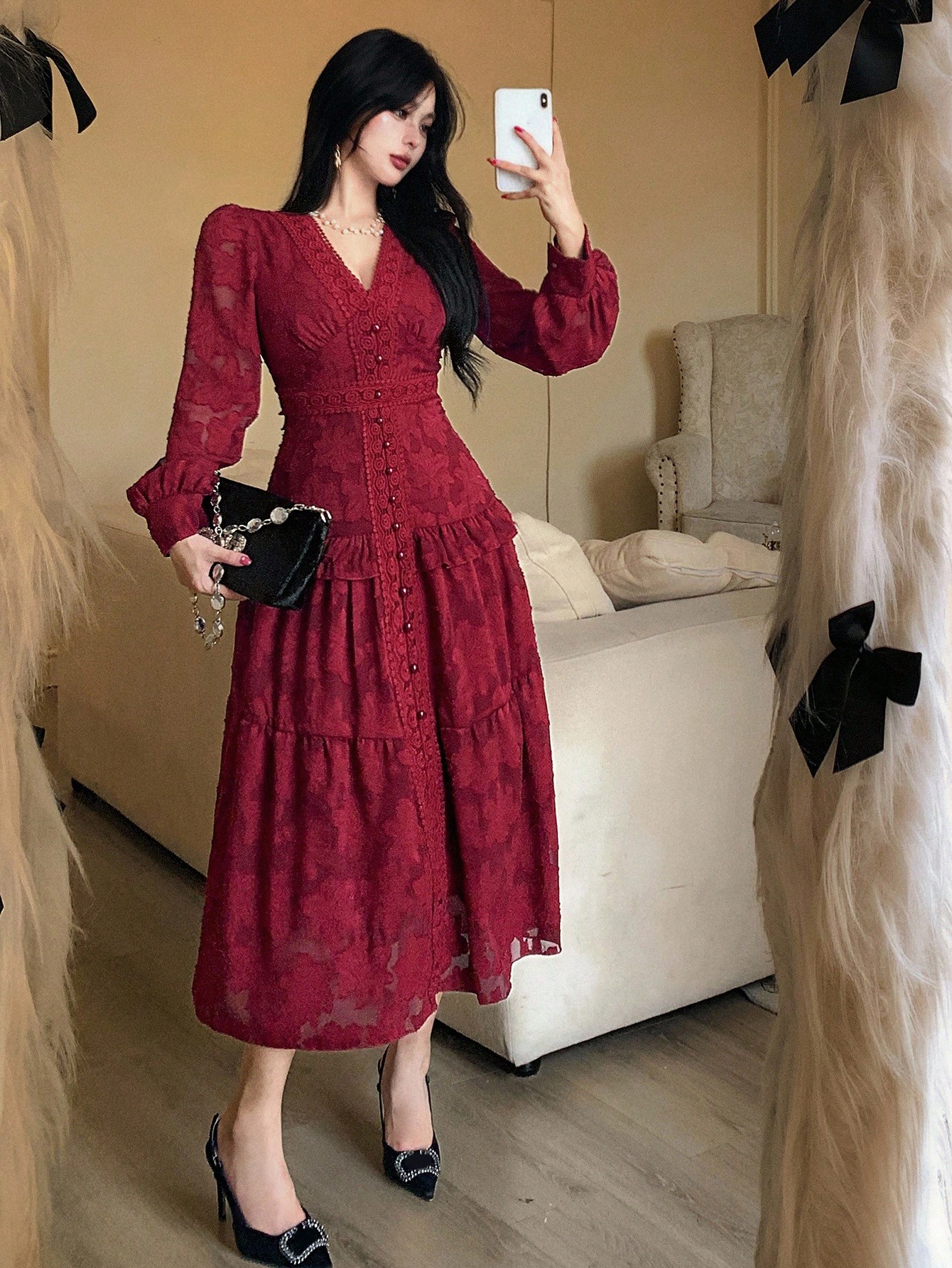 Red Floral A-Line Maxi Dress with Long Sleeves