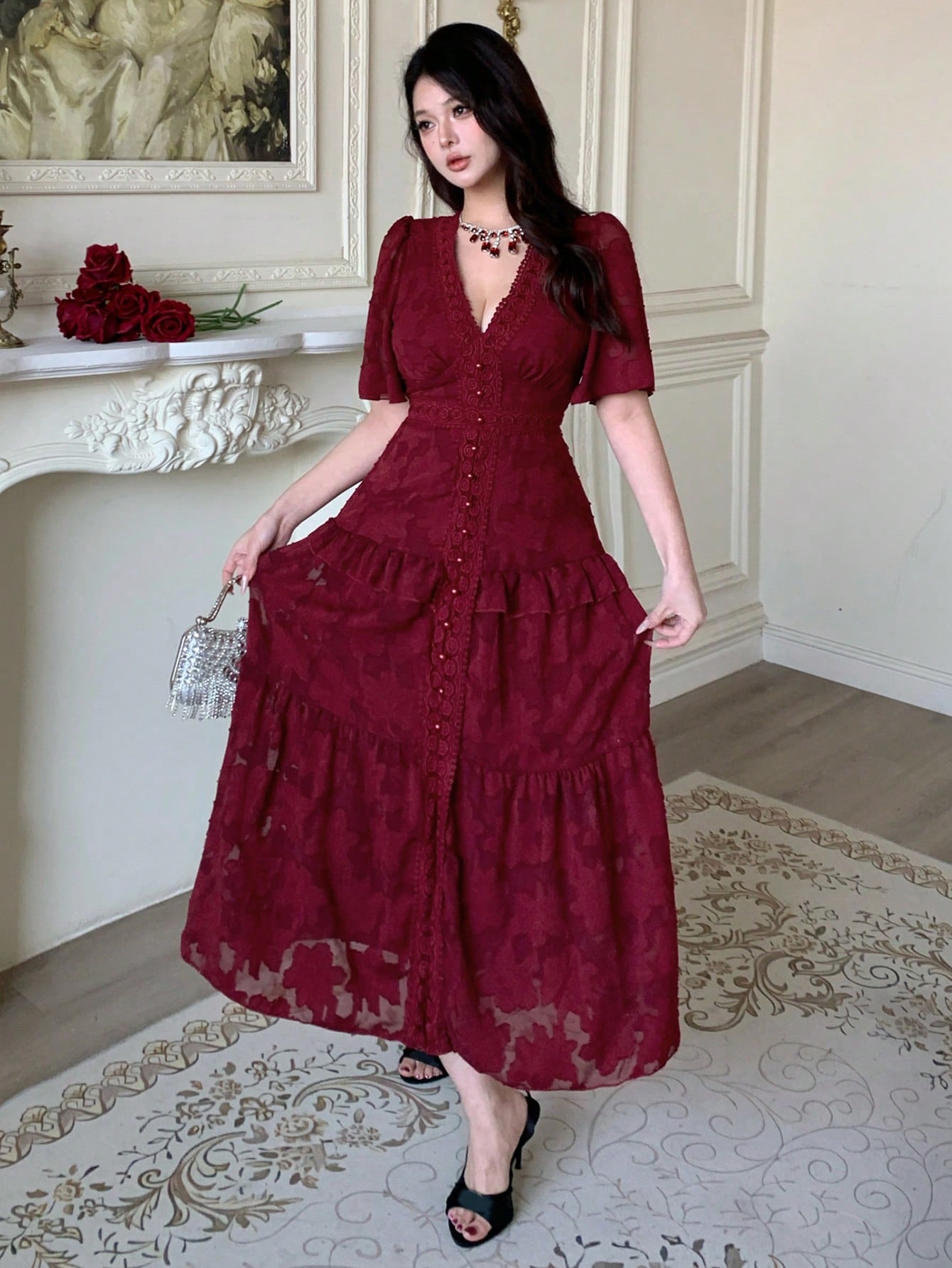 Red Floral A-Line Ankle-Length Dress with Short Sleeves