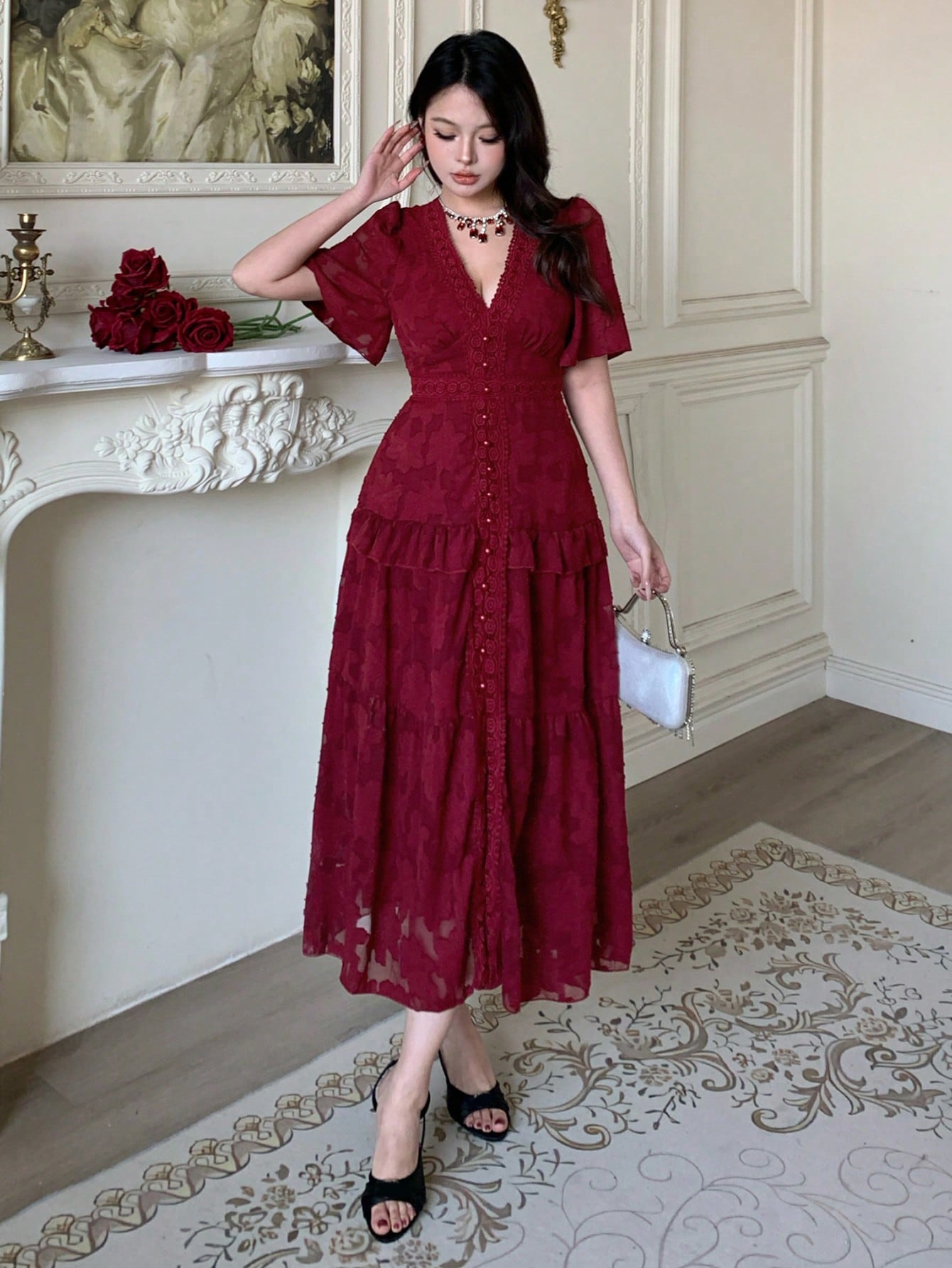 Red Floral A-Line Ankle-Length Dress with Short Sleeves