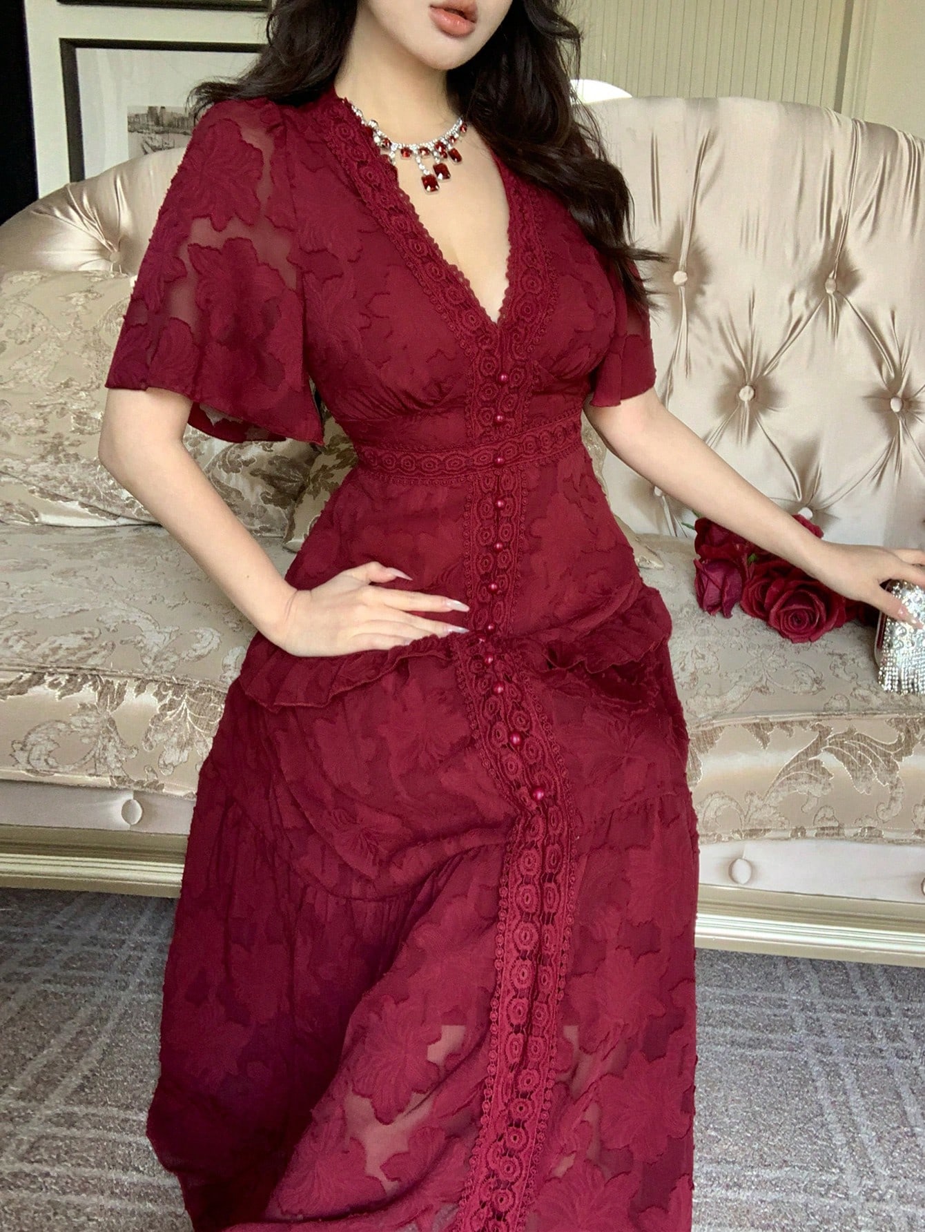 Red Floral A-Line Ankle-Length Dress with Short Sleeves