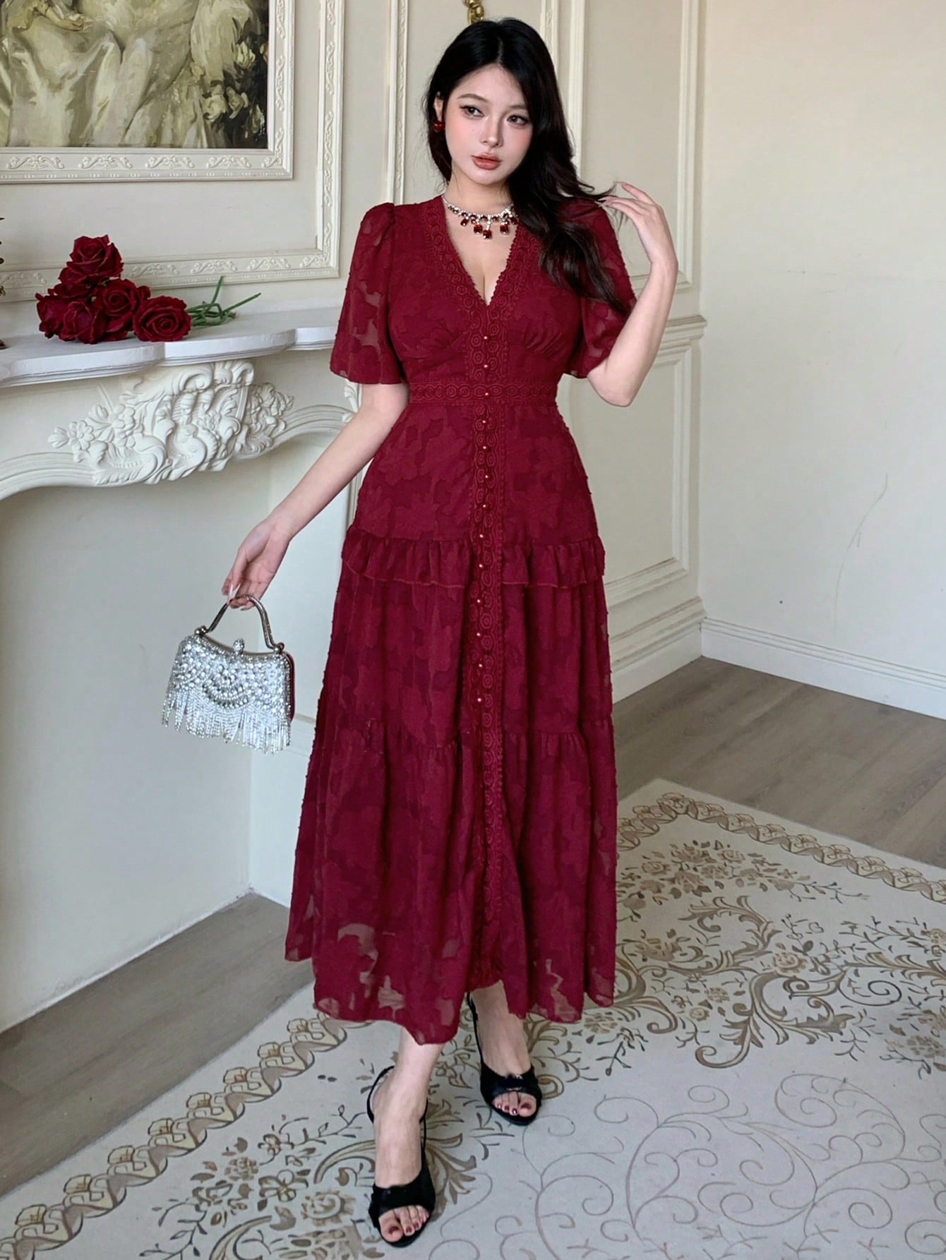 Red Floral A-Line Ankle-Length Dress with Short Sleeves