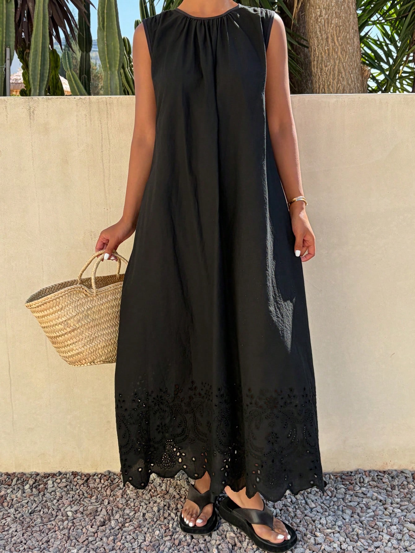 Black Sleeveless A-Line Maxi Dress with Eyelet Hem