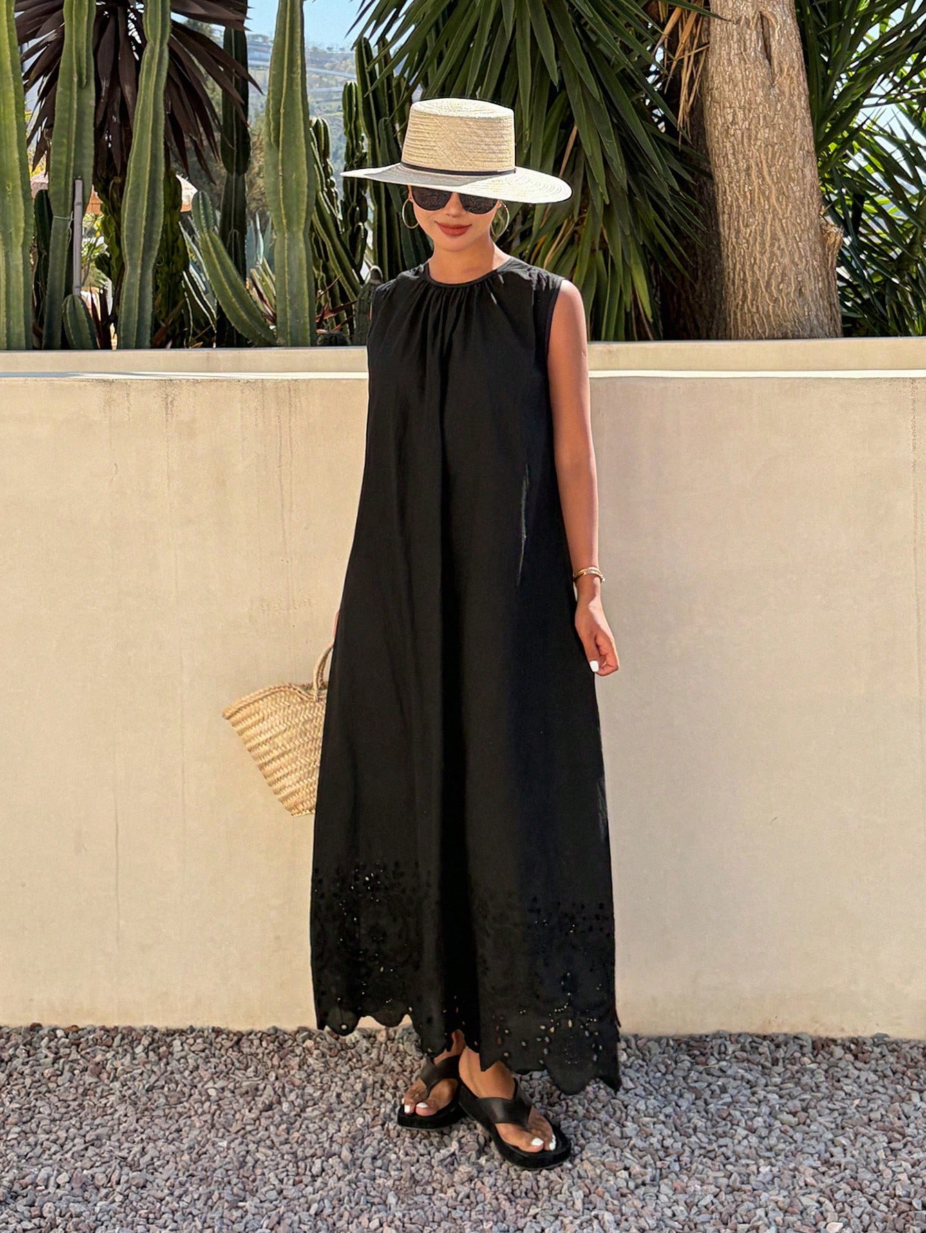 Black Sleeveless A-Line Maxi Dress with Eyelet Hem