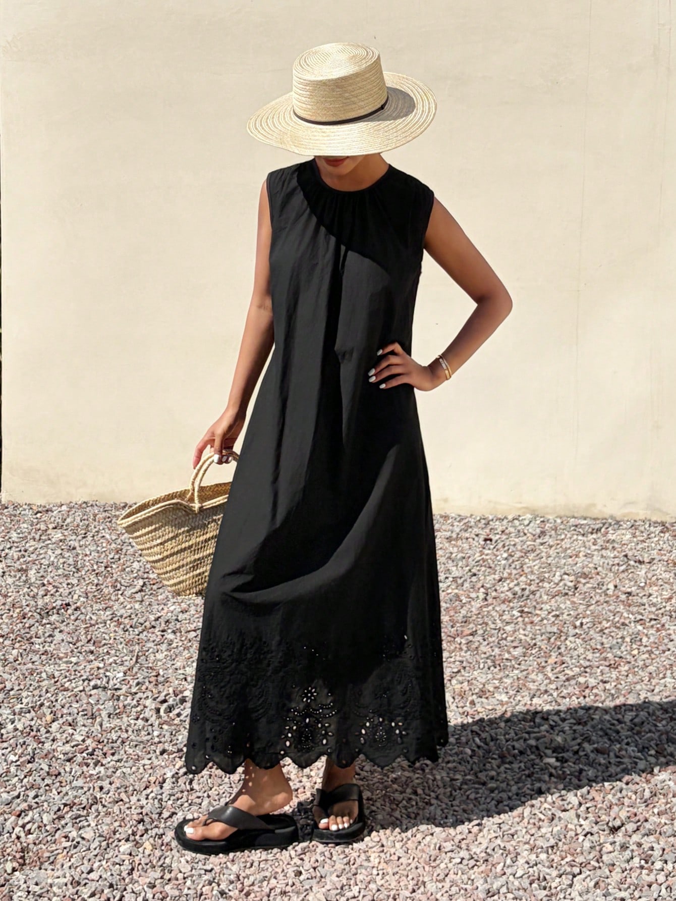 Black Sleeveless A-Line Maxi Dress with Eyelet Hem