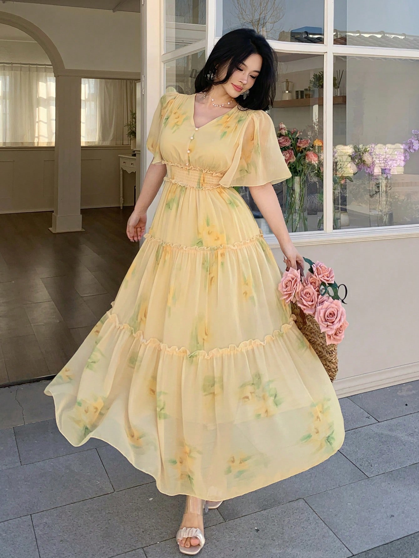 Yellow Floral Maxi Dress with Short Sleeves