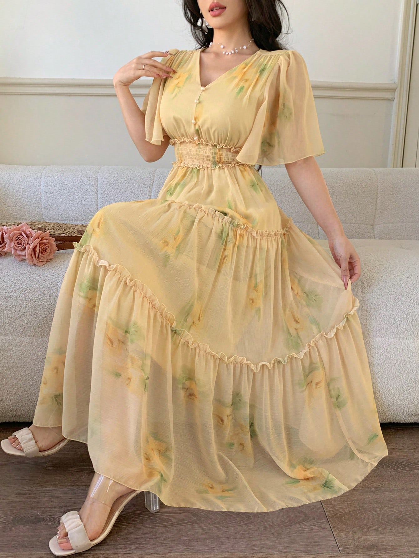 Yellow Floral Maxi Dress with Short Sleeves