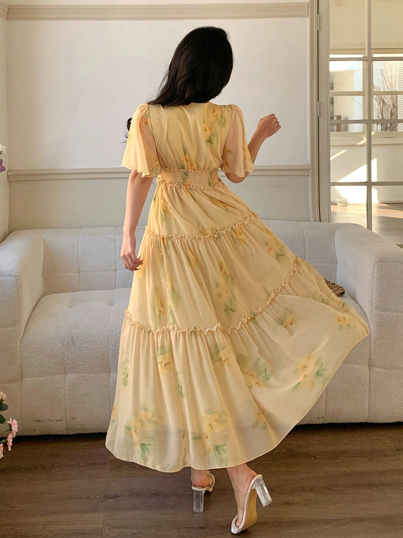 Yellow Floral Maxi Dress with Short Sleeves