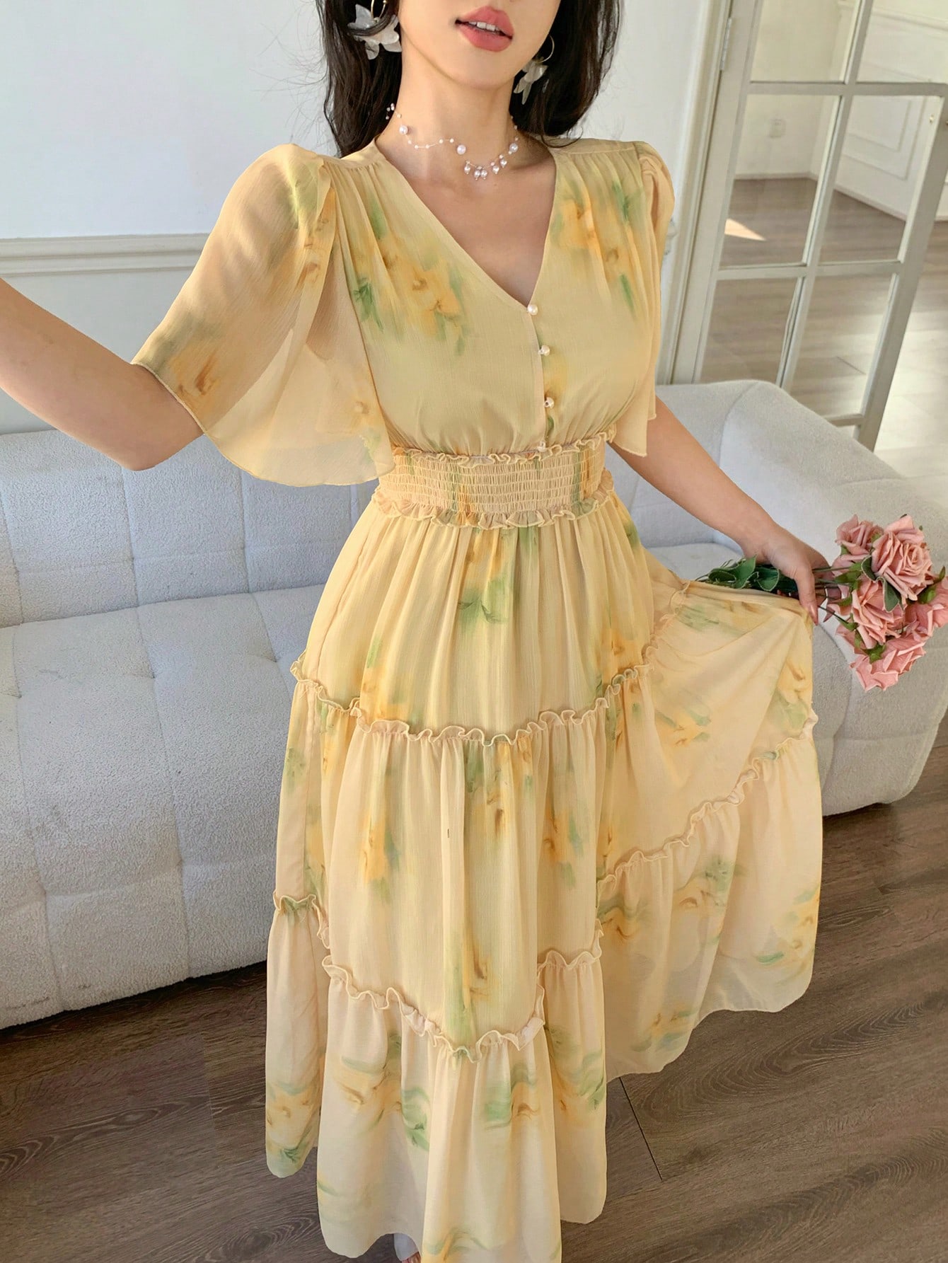 Yellow Floral Maxi Dress with Short Sleeves