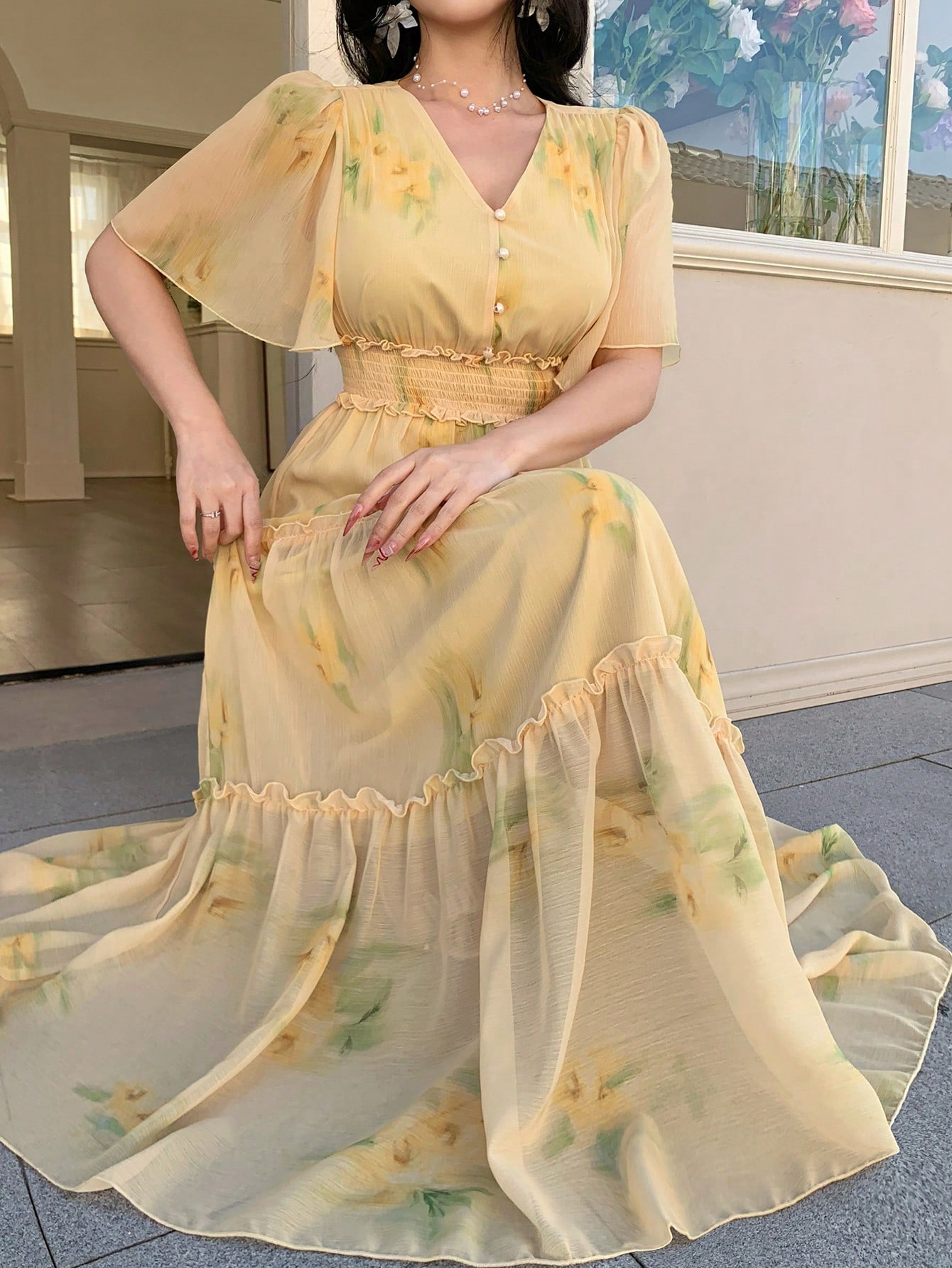 Yellow Floral Maxi Dress with Short Sleeves