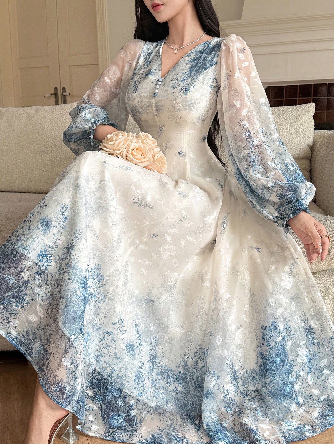A-Line Floral Maxi Dress with Long Sleeves
