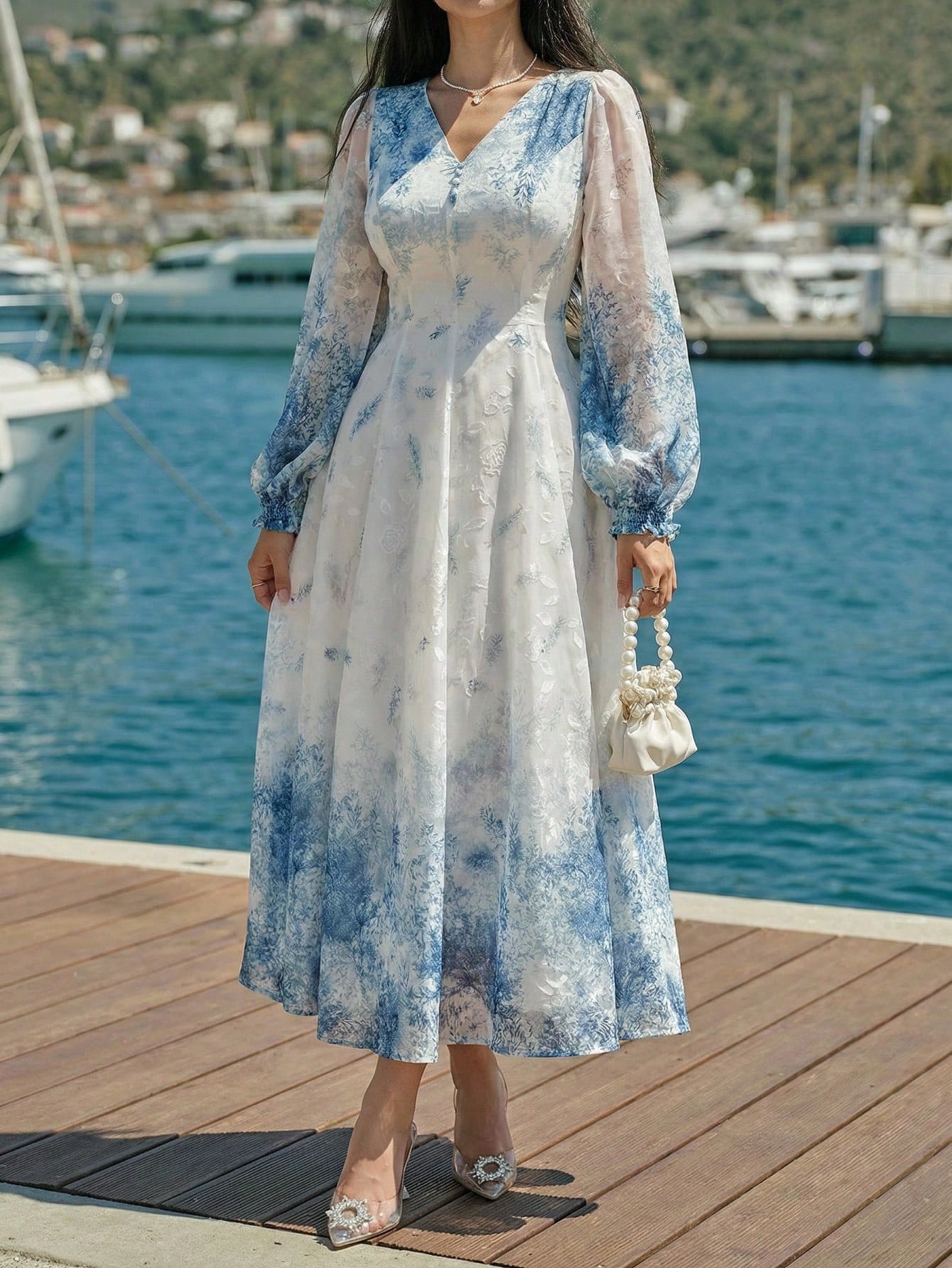 A-Line Floral Maxi Dress with Long Sleeves