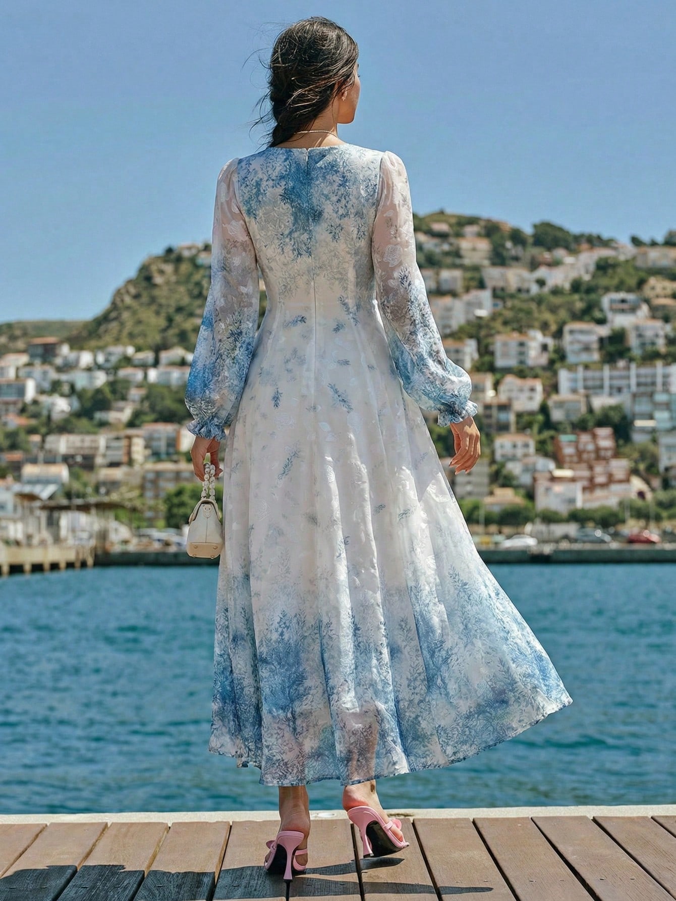 A-Line Floral Maxi Dress with Long Sleeves
