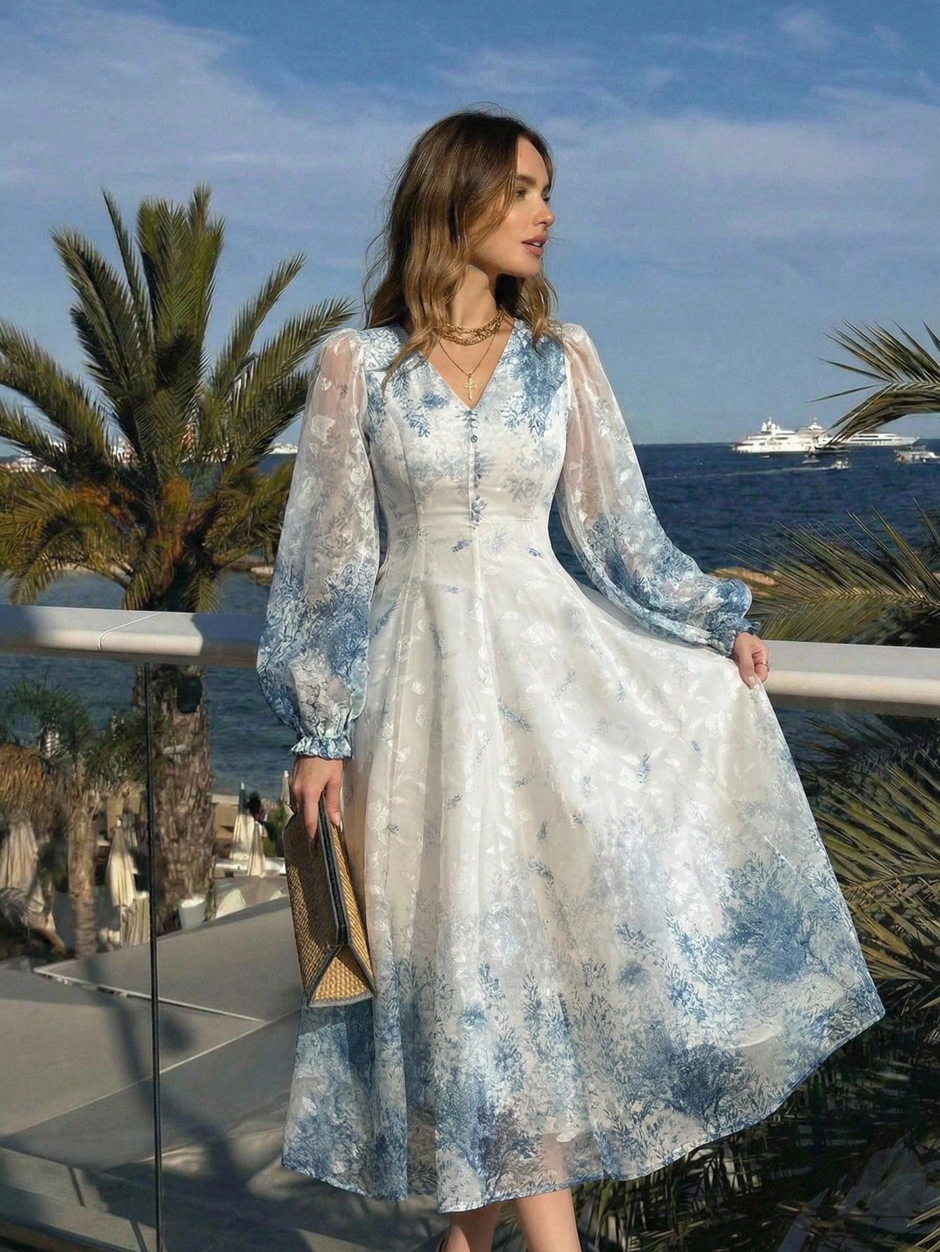 A-Line Floral Maxi Dress with Long Sleeves