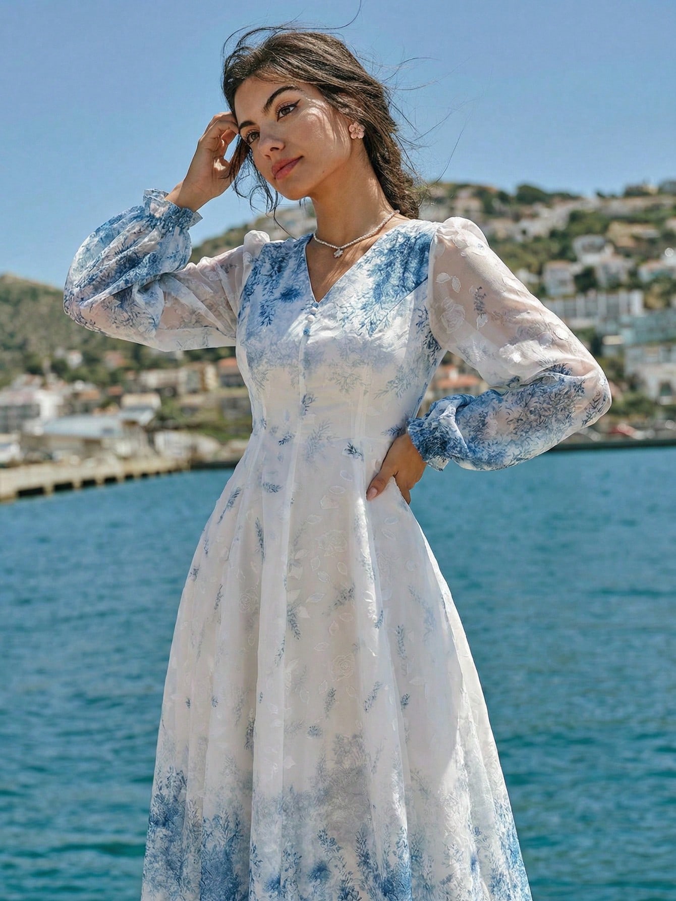 A-Line Floral Maxi Dress with Long Sleeves