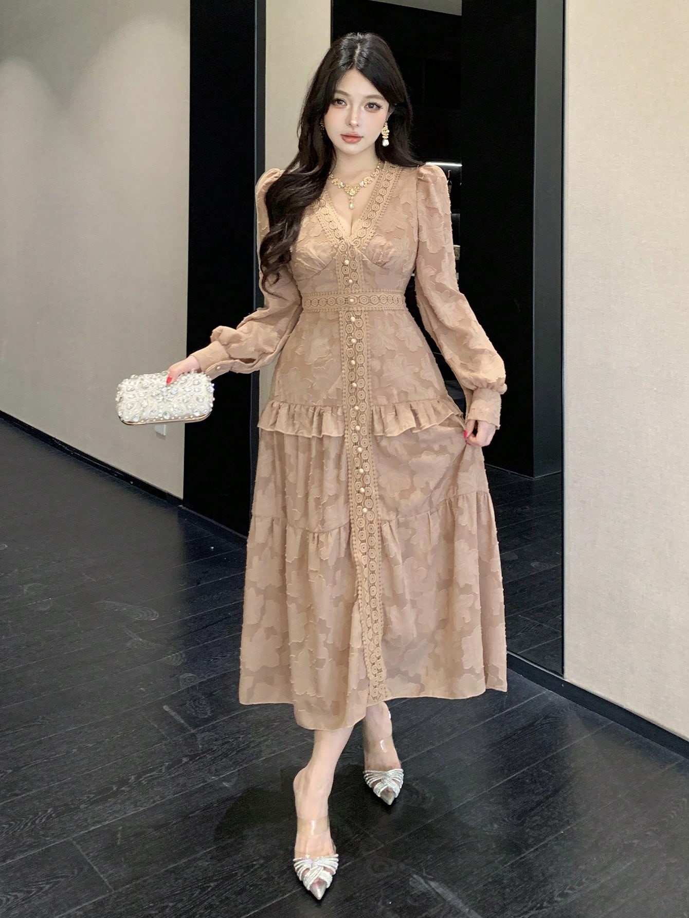 Coffee Brown A-Line Maxi Dress with Long Sleeves