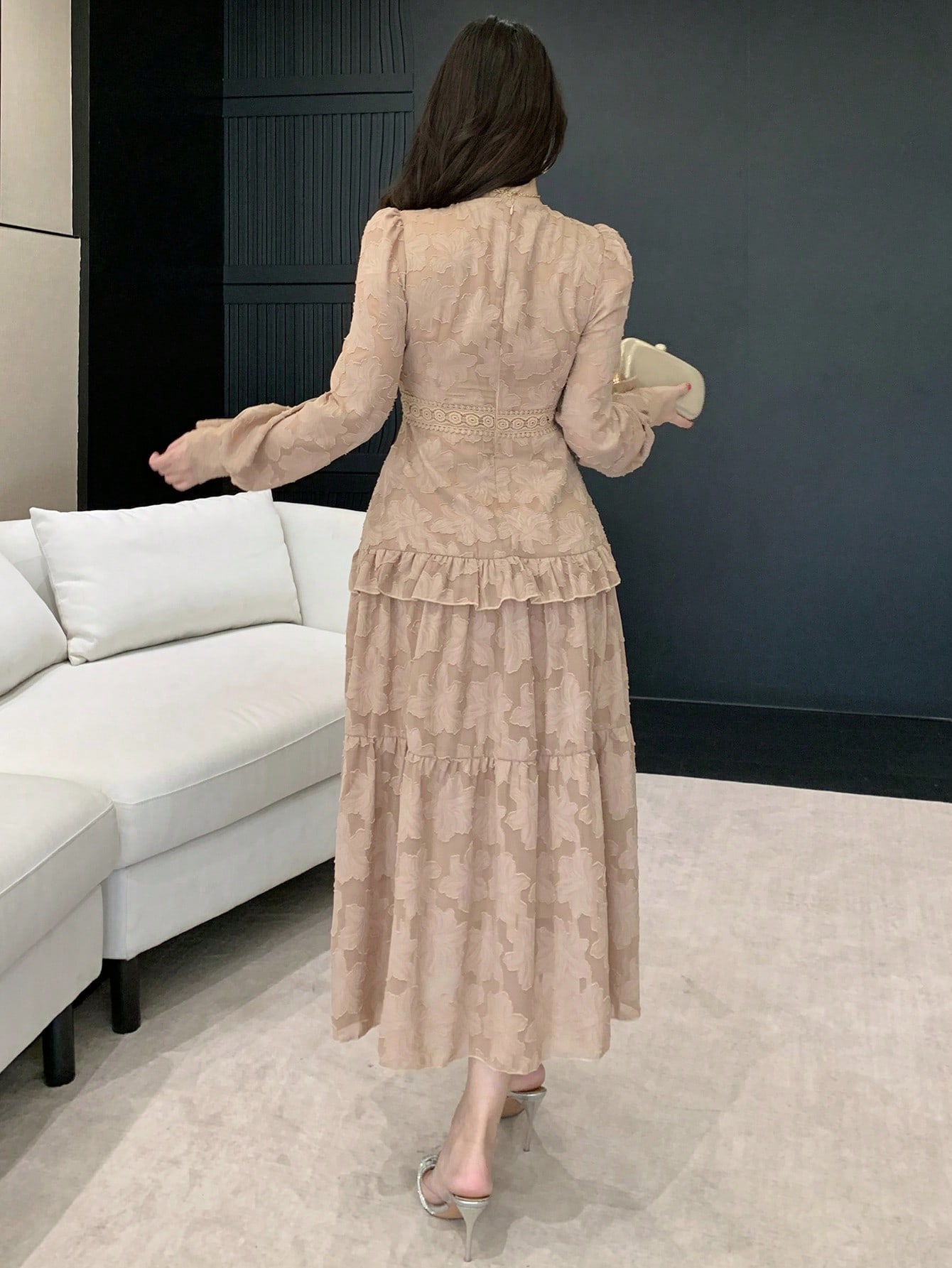 Coffee Brown A-Line Maxi Dress with Long Sleeves