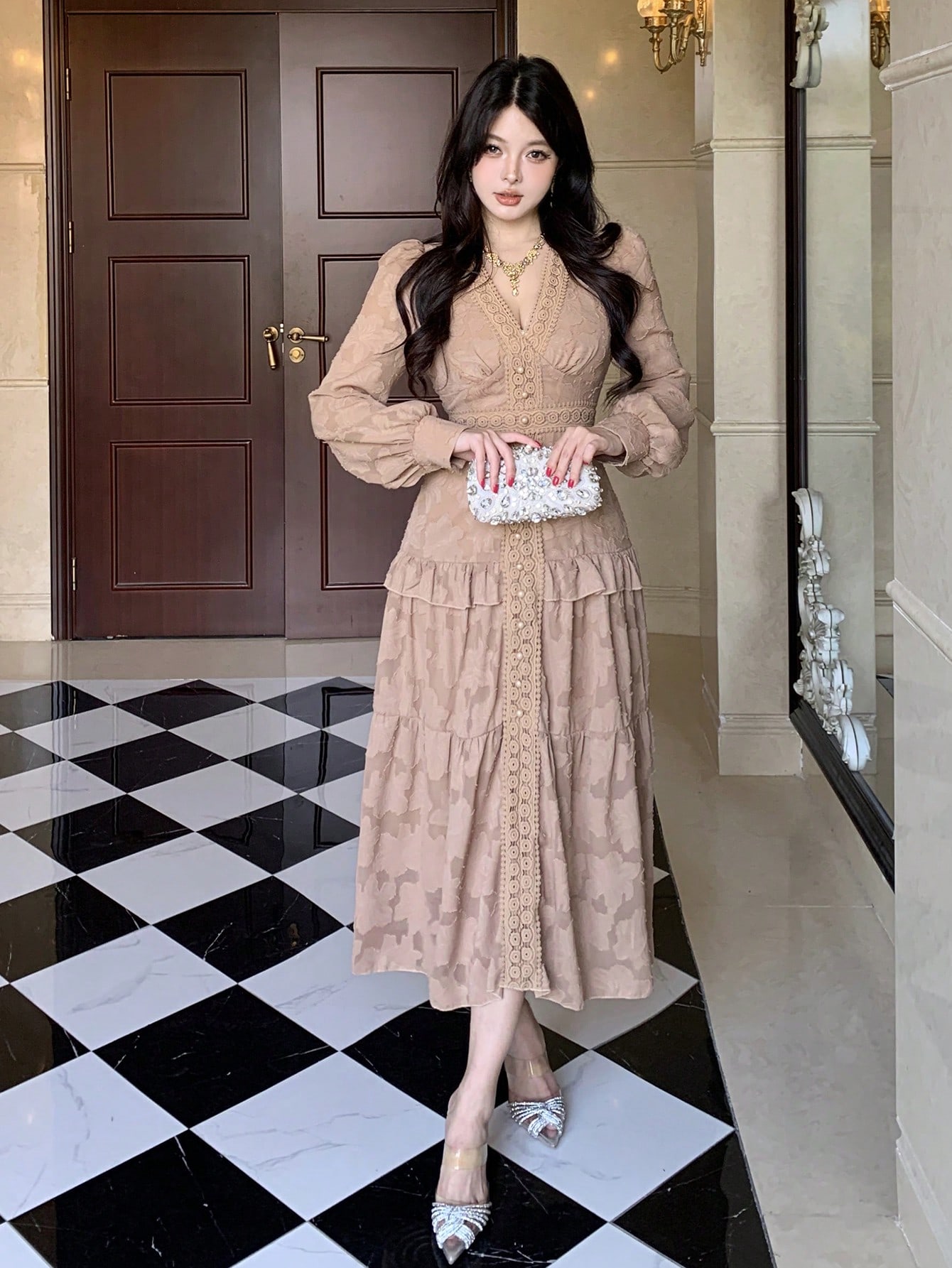 Coffee Brown A-Line Maxi Dress with Long Sleeves