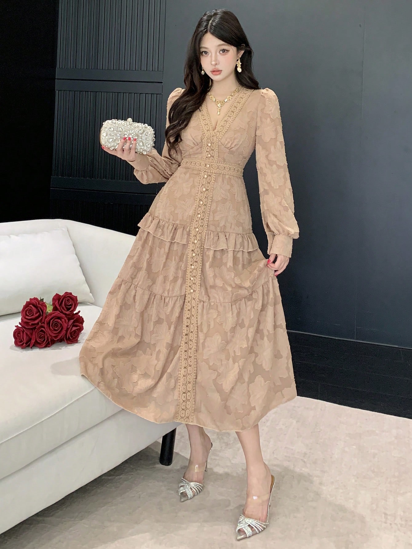 Coffee Brown A-Line Maxi Dress with Long Sleeves