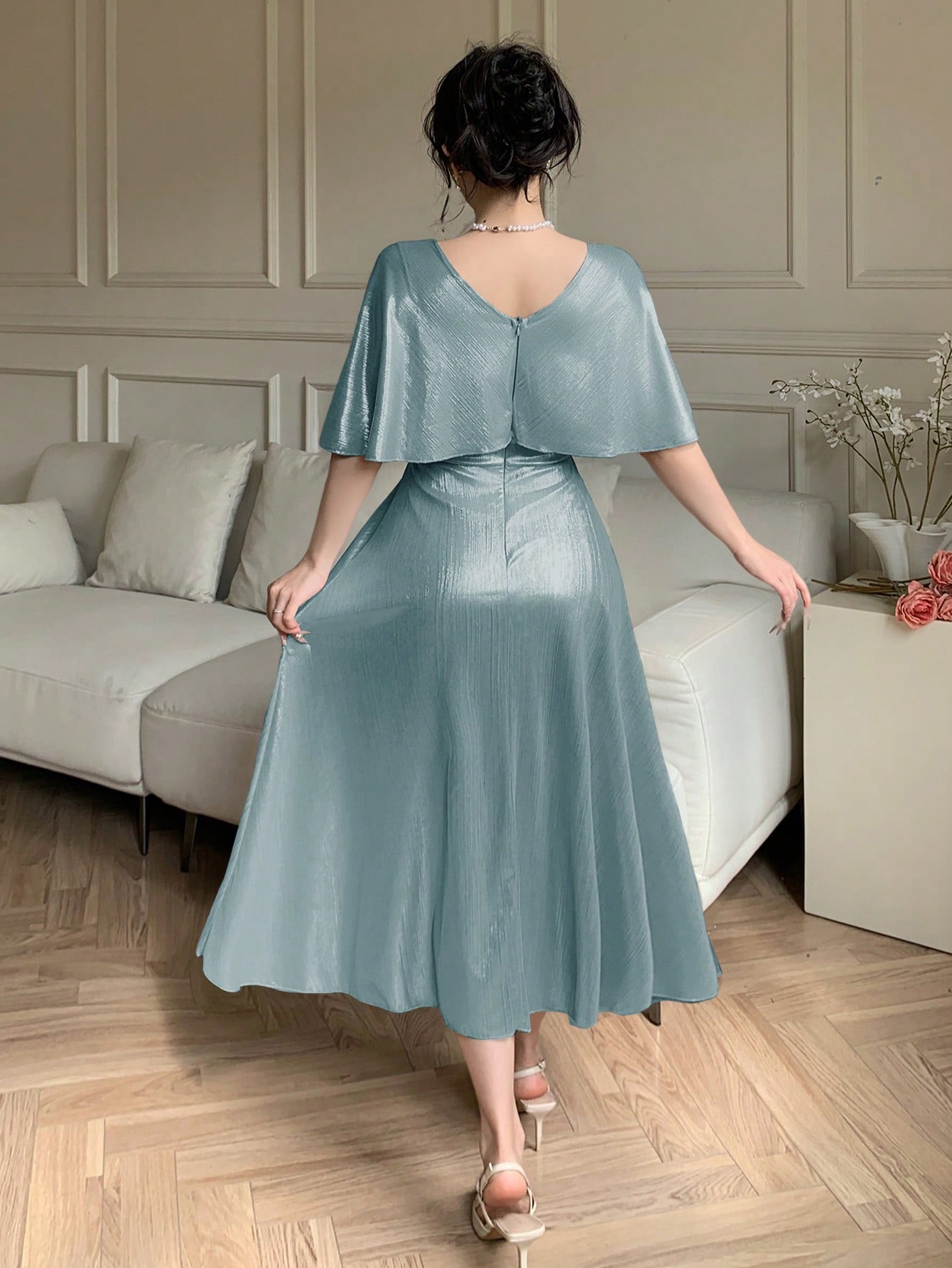 Medium Blue A-Line Ankle Dress with Cape Sleeves