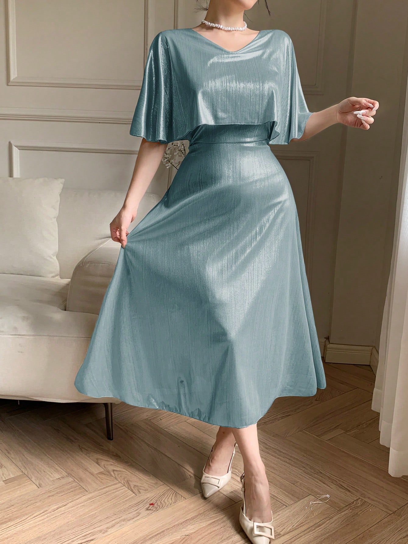 Medium Blue A-Line Ankle Dress with Cape Sleeves