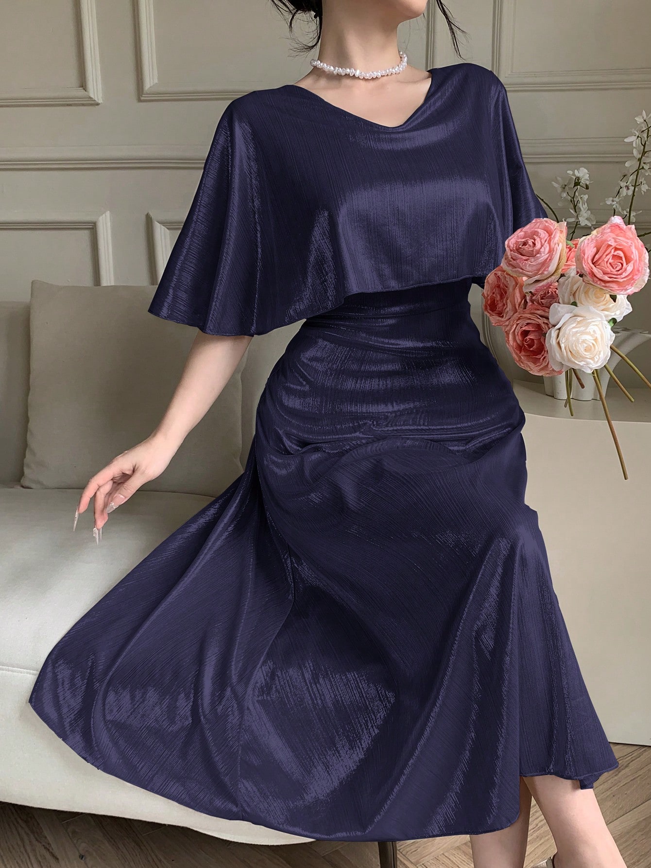 Navy Blue Plain A-Line Ankle-Length Dress