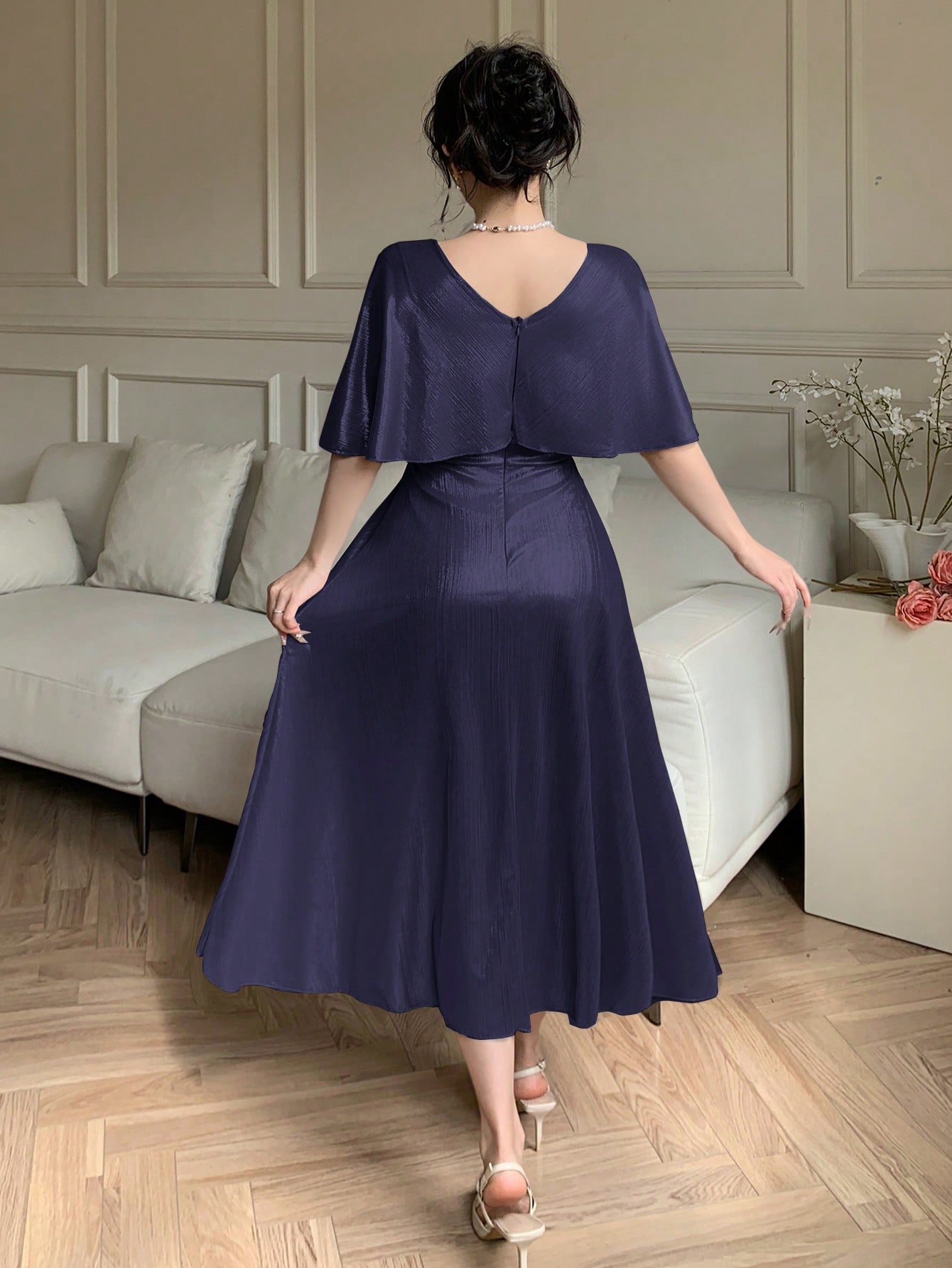 Navy Blue Plain A-Line Ankle-Length Dress