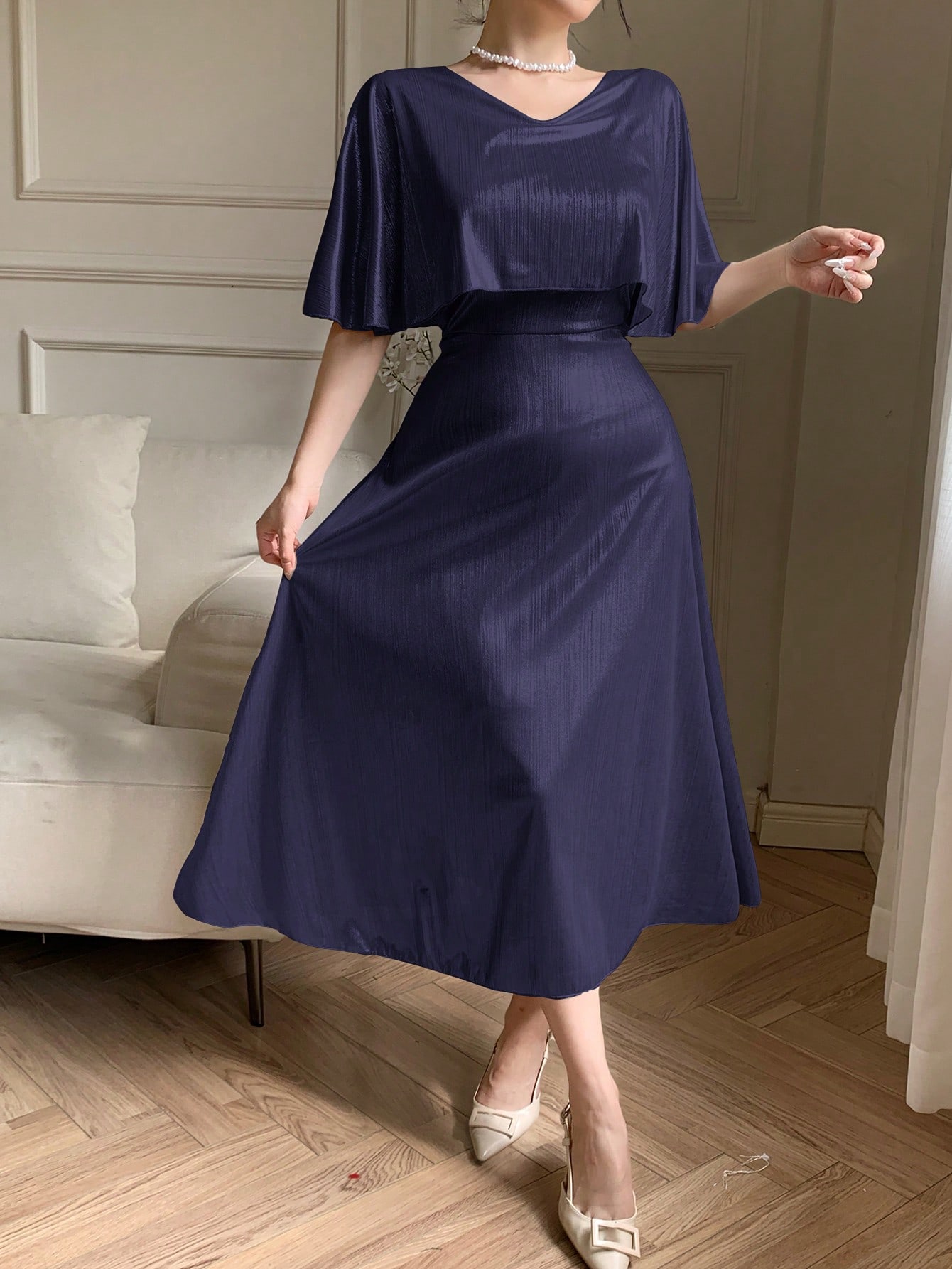 Navy Blue Plain A-Line Ankle-Length Dress
