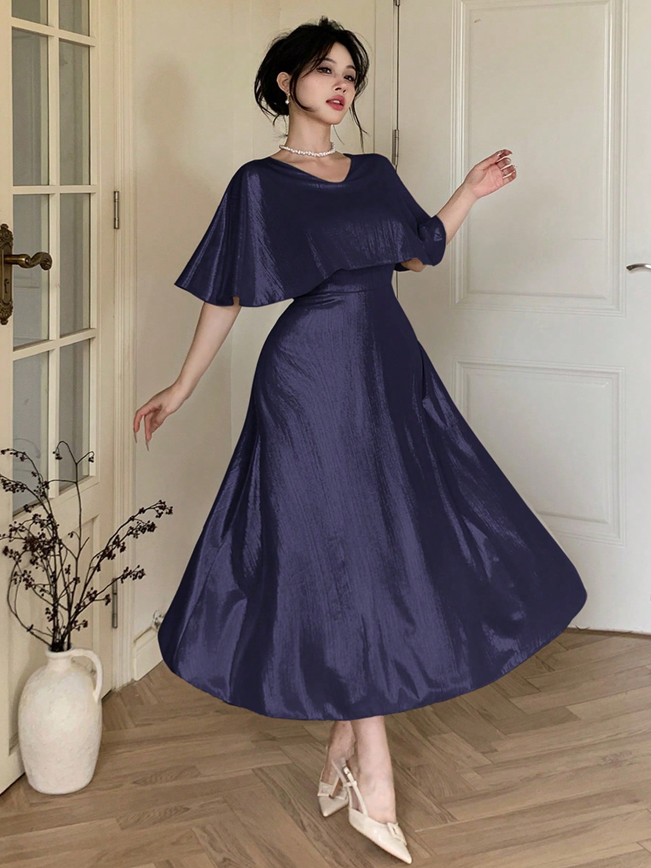 Navy Blue Plain A-Line Ankle-Length Dress