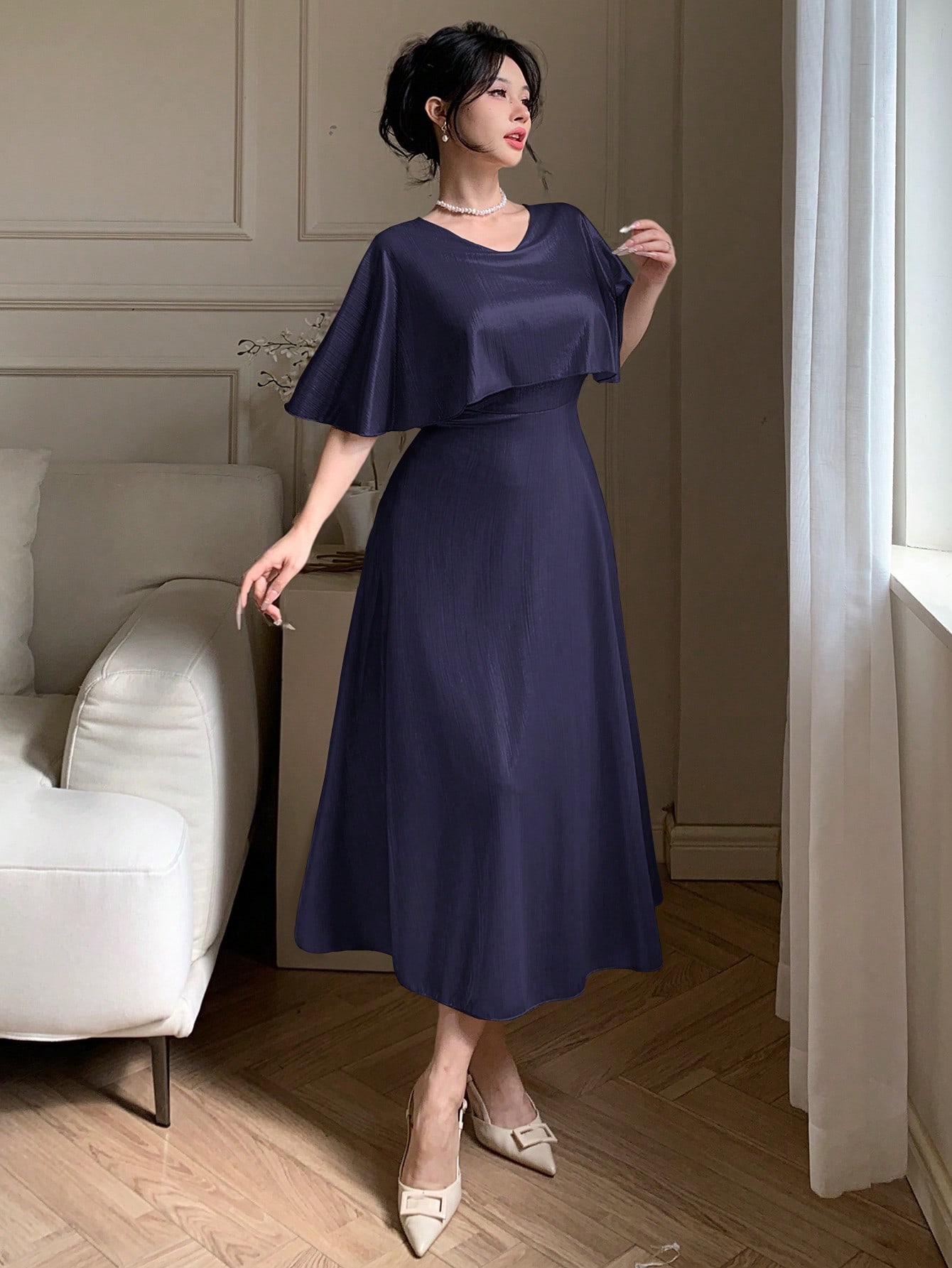 Navy Blue Plain A-Line Ankle-Length Dress