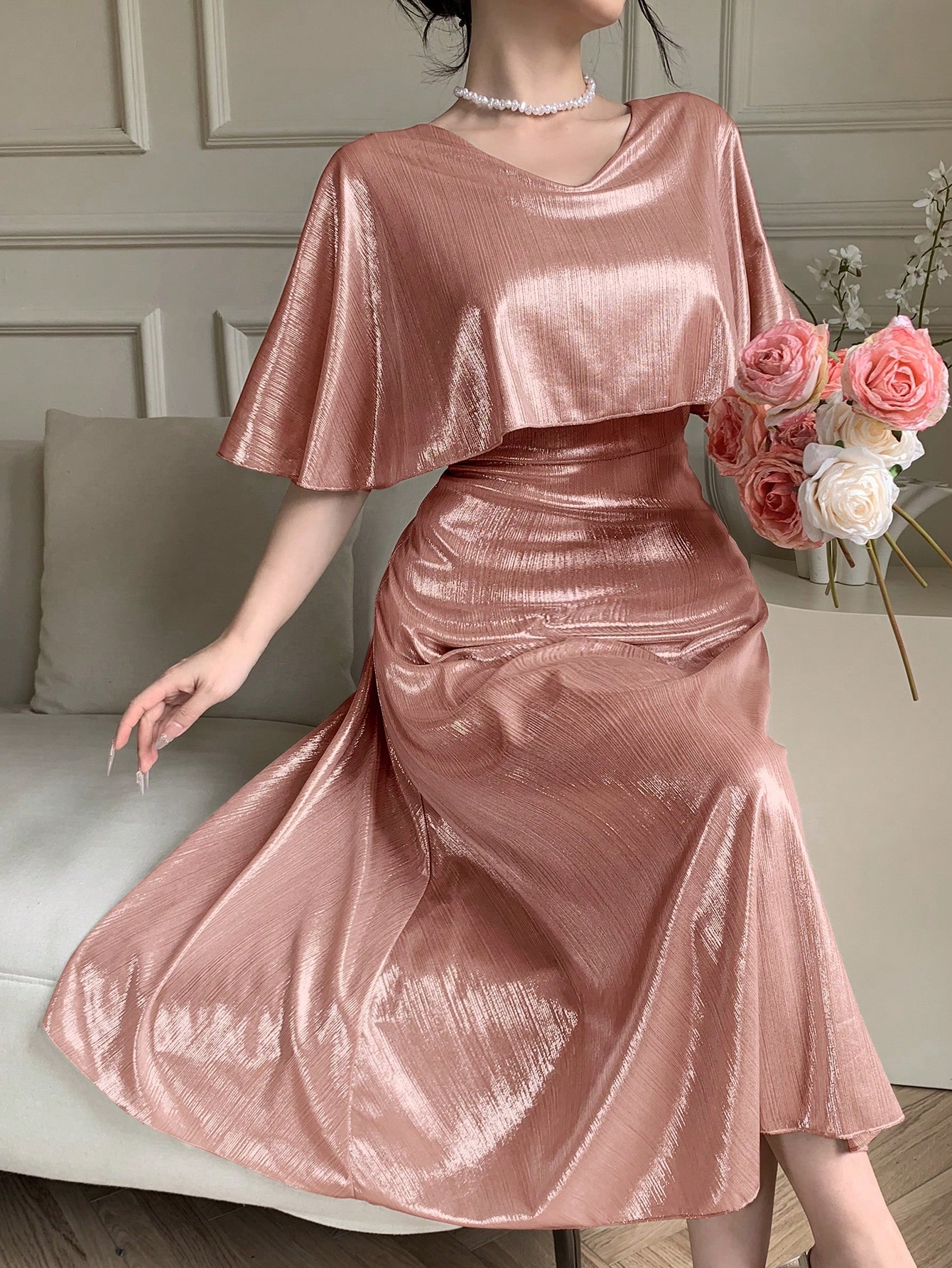 Light Pink A-Line Ankle-Length Dress with Short Sleeves