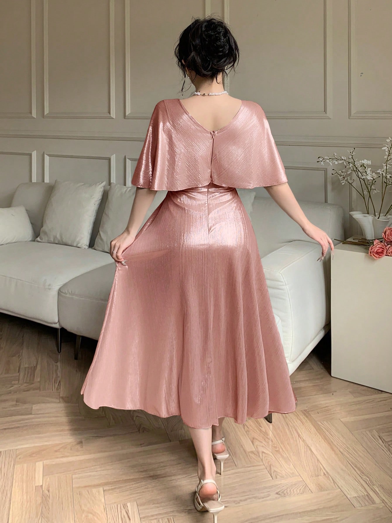 Light Pink A-Line Ankle-Length Dress with Short Sleeves