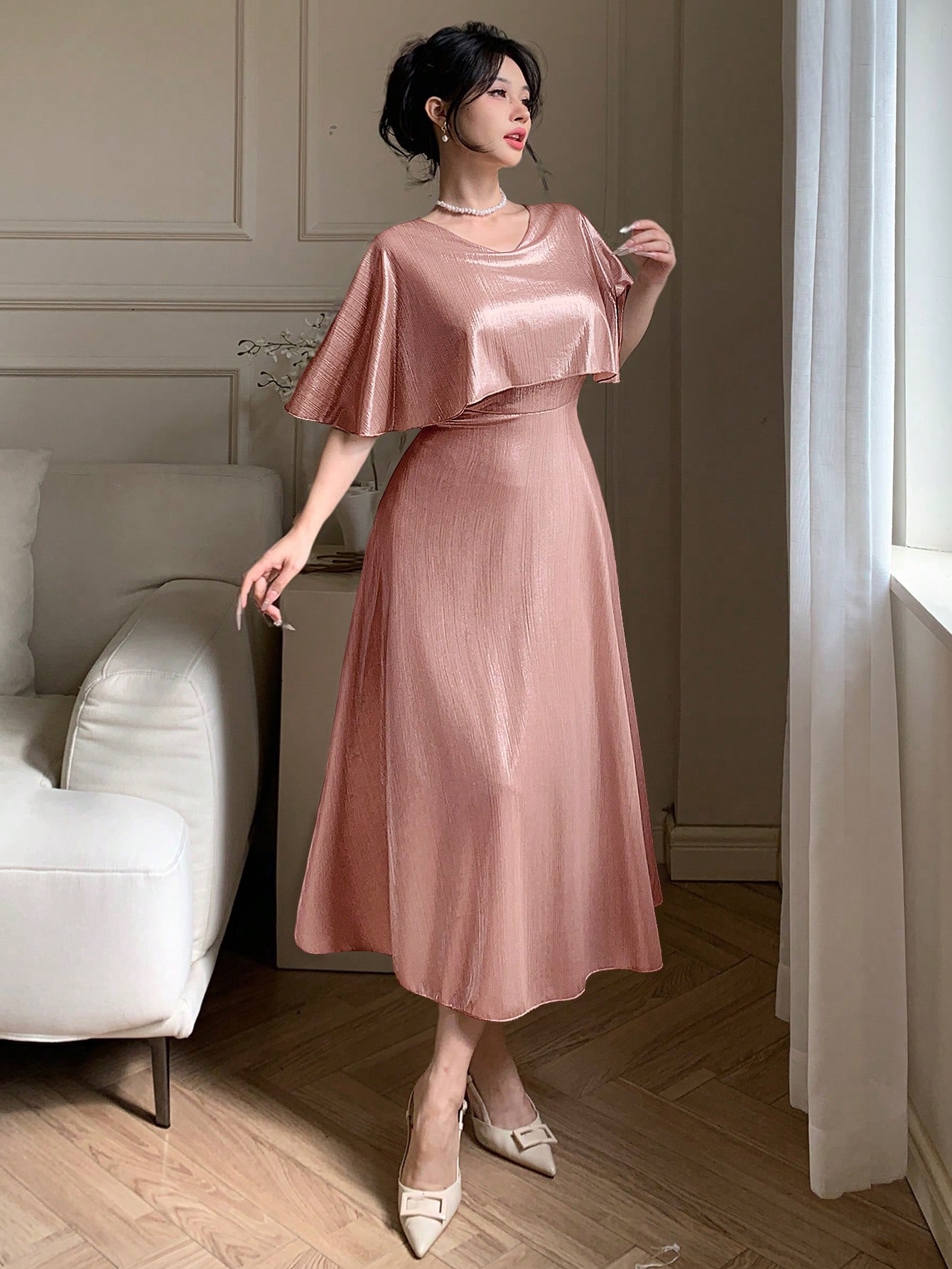 Light Pink A-Line Ankle-Length Dress with Short Sleeves