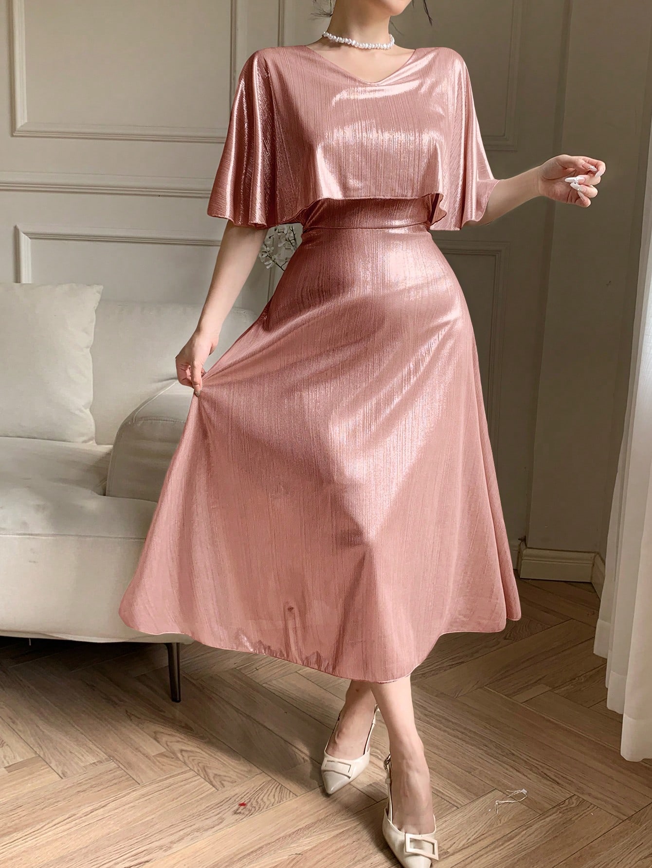 Light Pink A-Line Ankle-Length Dress with Short Sleeves