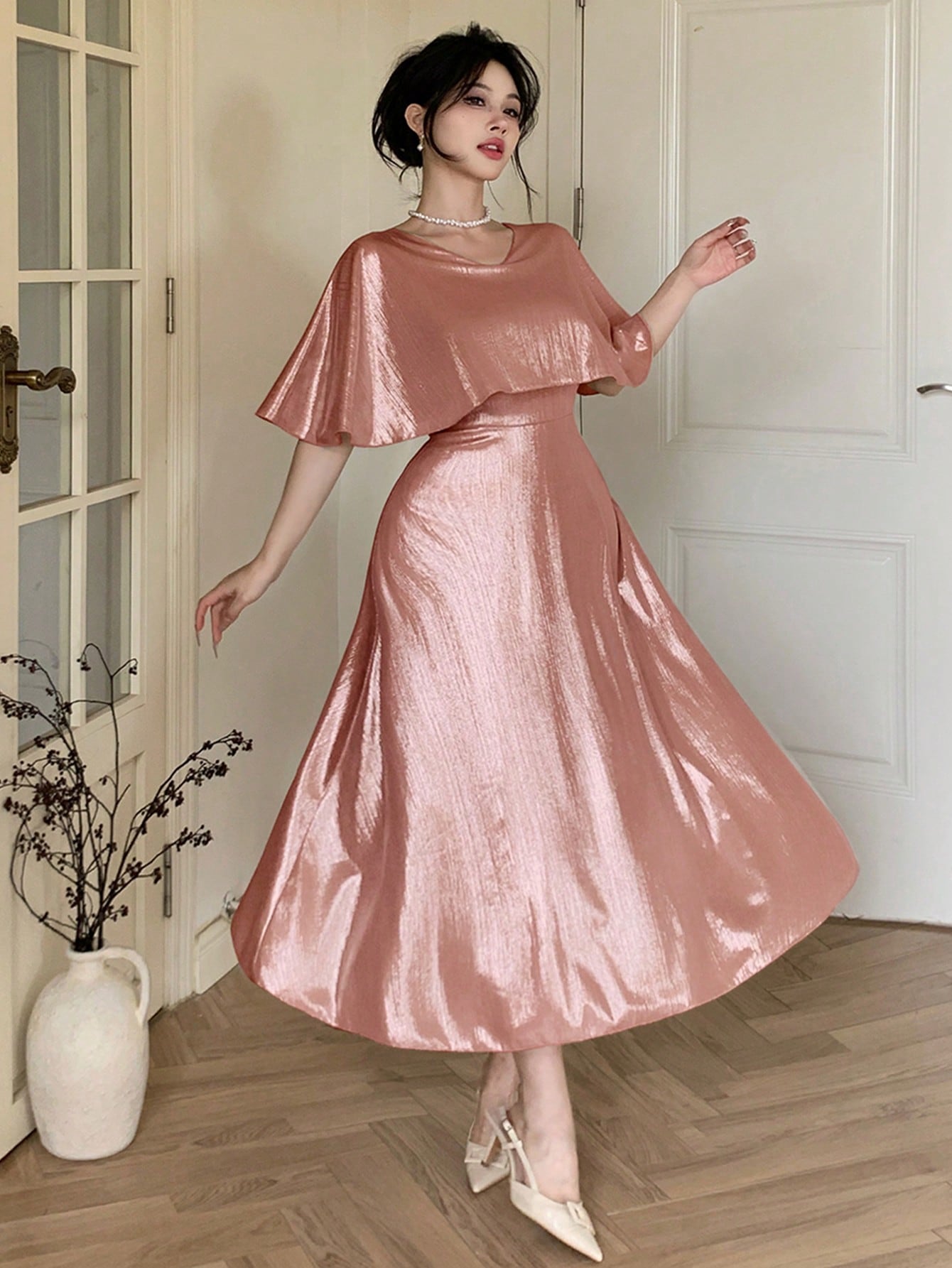 Light Pink A-Line Ankle-Length Dress with Short Sleeves