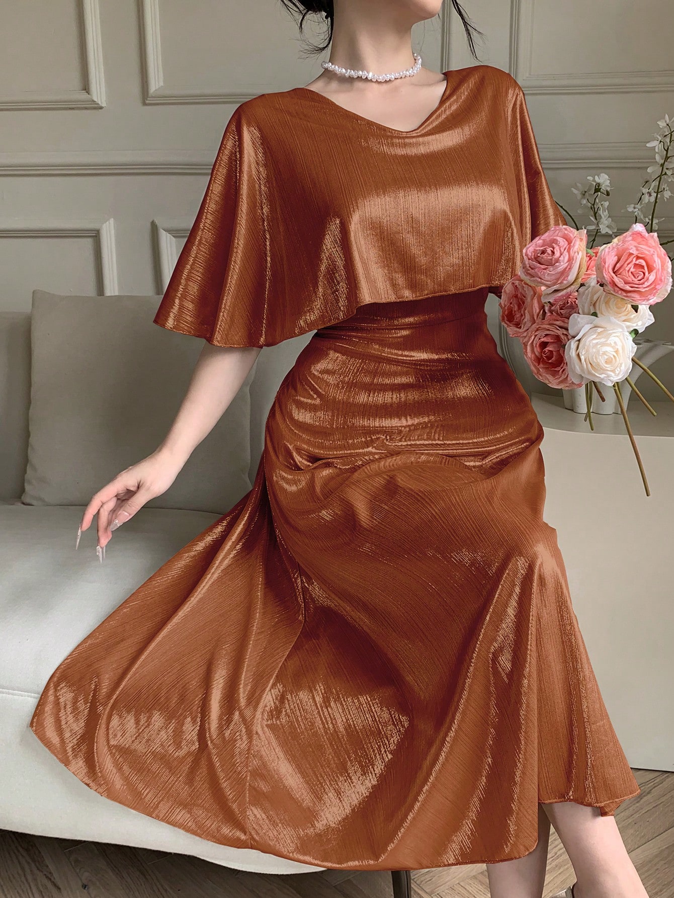 Orange A-Line Ankle-Length Dress with Short Sleeves